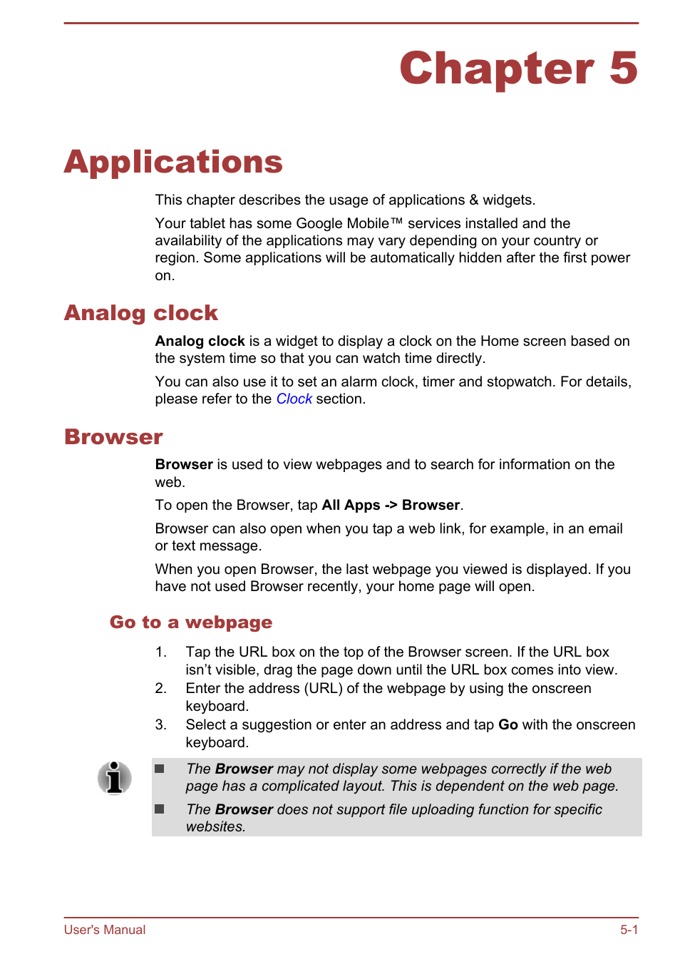 Chapter 5 applications, Analog clock, Browser | Chapter 5, Applications, Analog clock -1 browser -1 | Toshiba AT10LE-A User Manual | Page 38 / 102