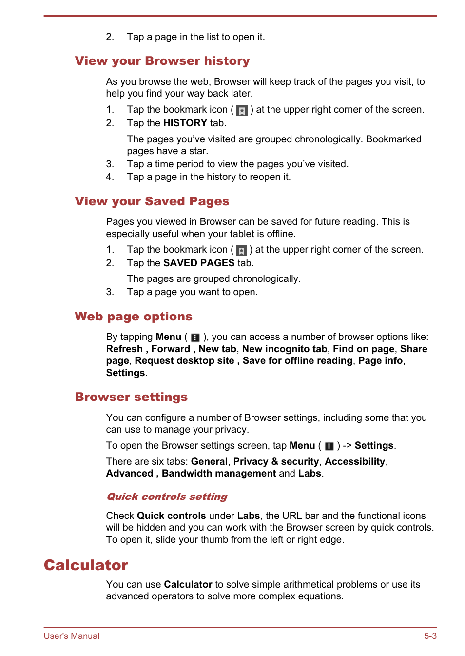 View your browser history, Browser settings, Calculator | Calculator -3 | Toshiba AT10LE-A User Manual | Page 40 / 102