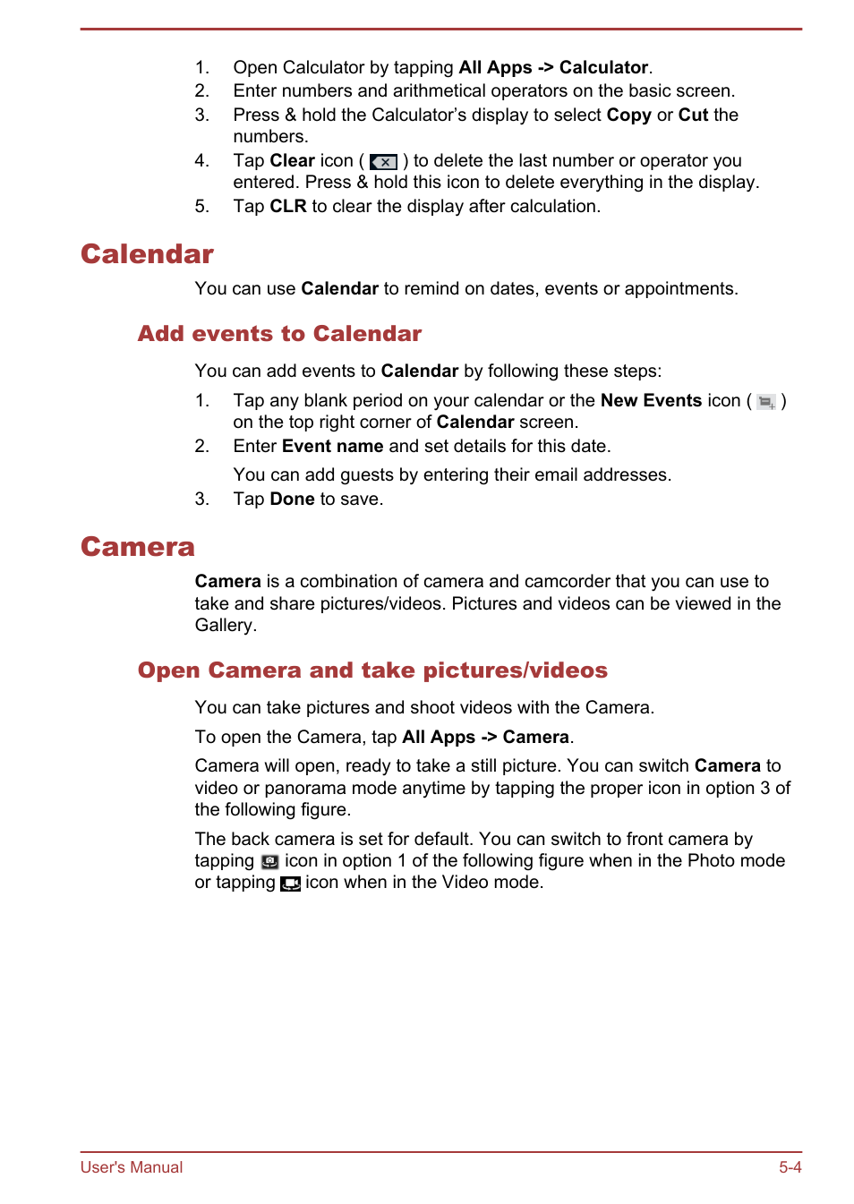 Calendar, Add events to calendar, Camera | Open camera and take pictures/videos, Calendar -4 camera -4 | Toshiba AT10LE-A User Manual | Page 41 / 102