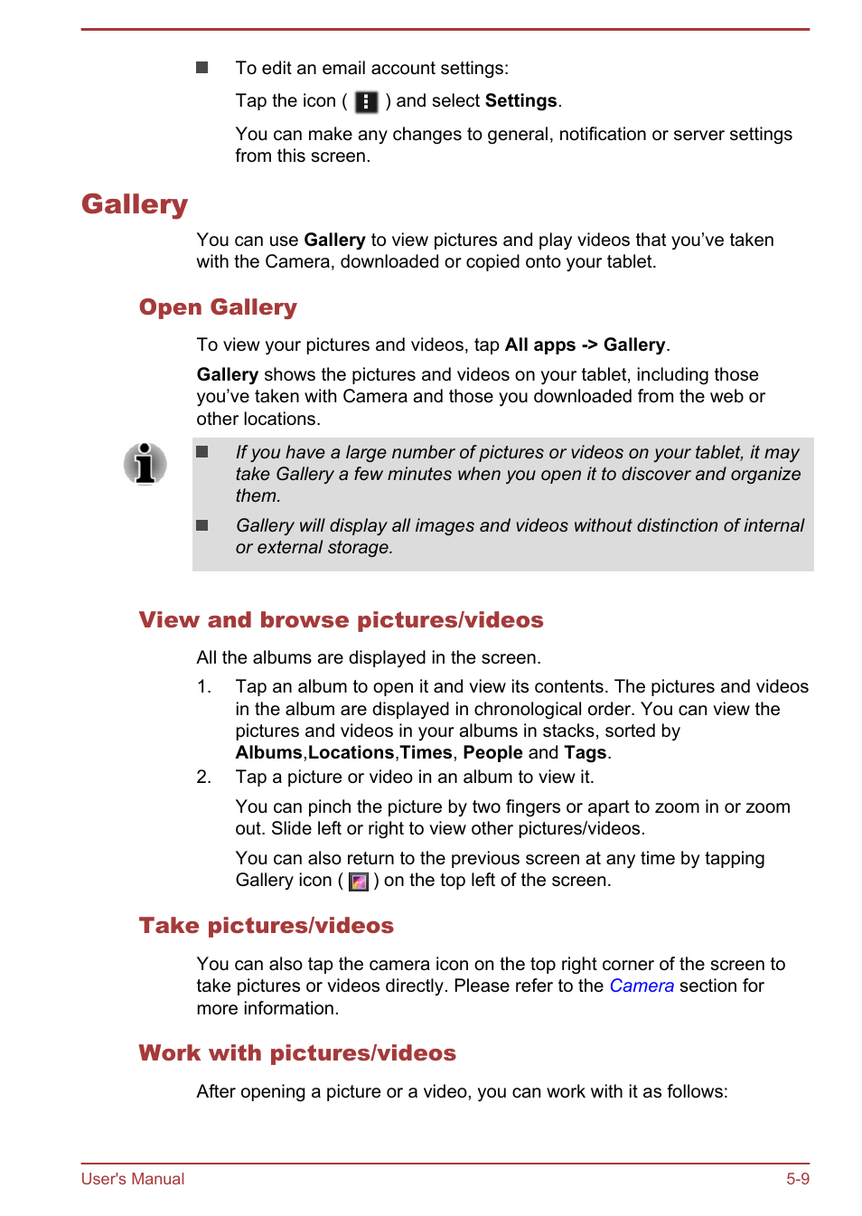 Gallery, Open gallery, View and browse pictures/videos | Take pictures/videos, Work with pictures/videos, Gallery -9 | Toshiba AT10LE-A User Manual | Page 46 / 102