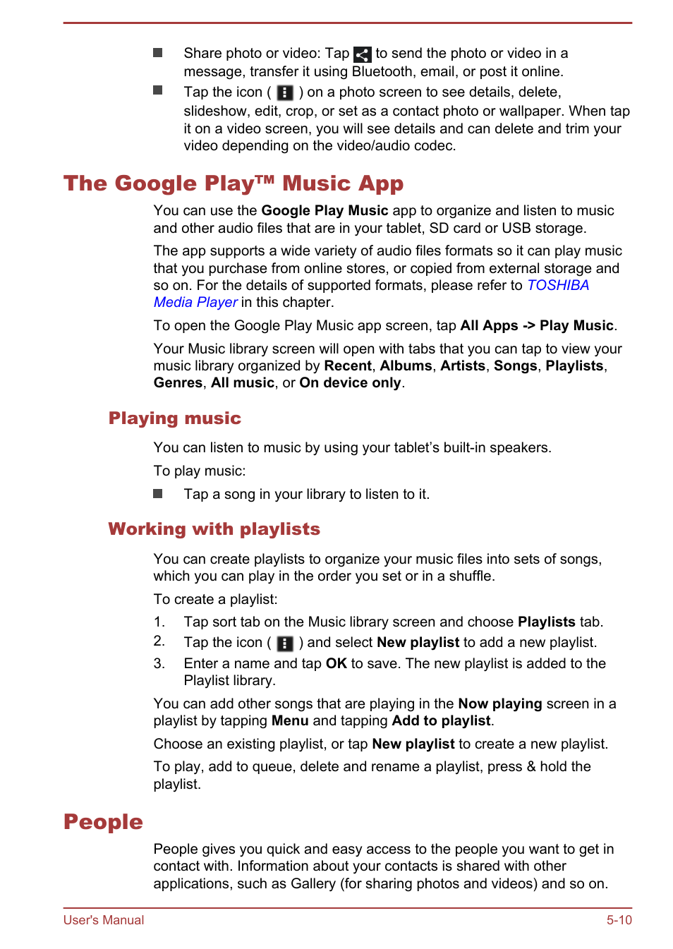 The google play™ music app, Playing music, Working with playlists | People, The google play™ music app -10 people -10 | Toshiba AT10LE-A User Manual | Page 47 / 102