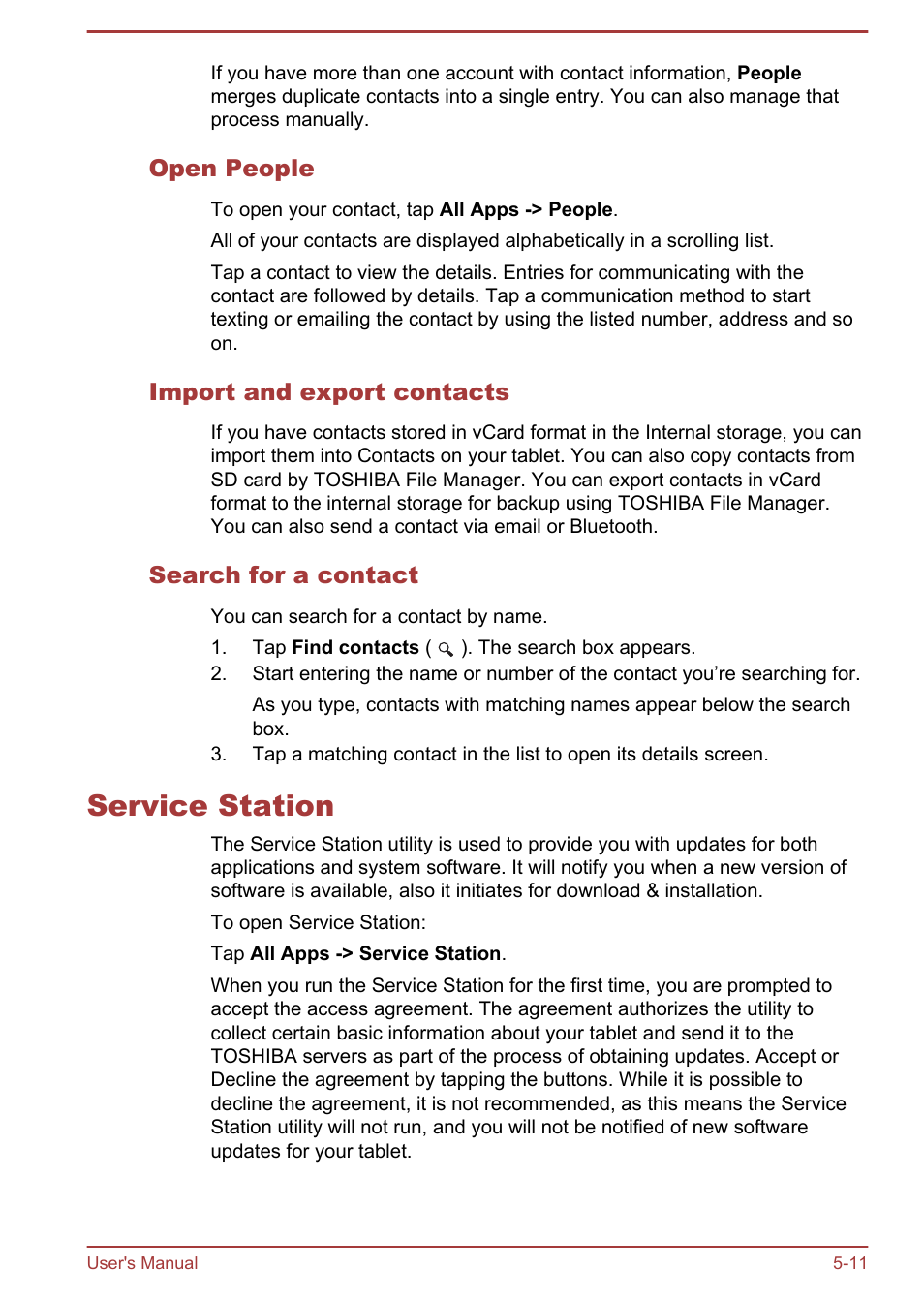 Open people, Import and export contacts, Search for a contact | Service station, Service station -11 | Toshiba AT10LE-A User Manual | Page 48 / 102