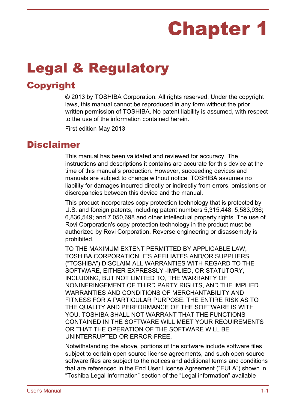 Chapter 1 legal & regulatory, Copyright, Disclaimer | Chapter 1, Legal & regulatory, Copyright -1 disclaimer -1 | Toshiba AT10LE-A User Manual | Page 5 / 102