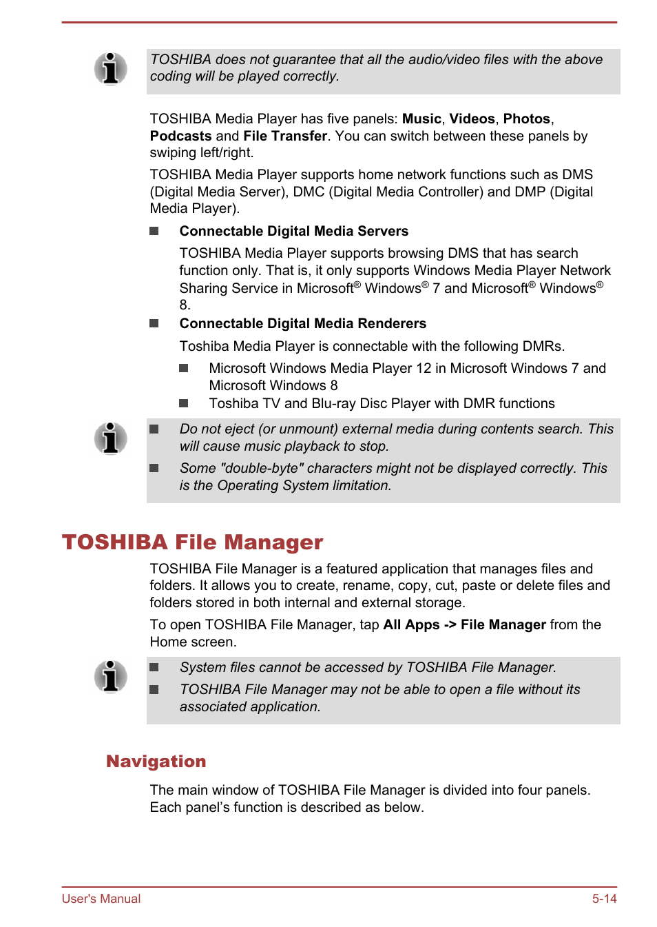 Toshiba file manager, Navigation, Toshiba file manager -14 | Toshiba AT10LE-A User Manual | Page 51 / 102