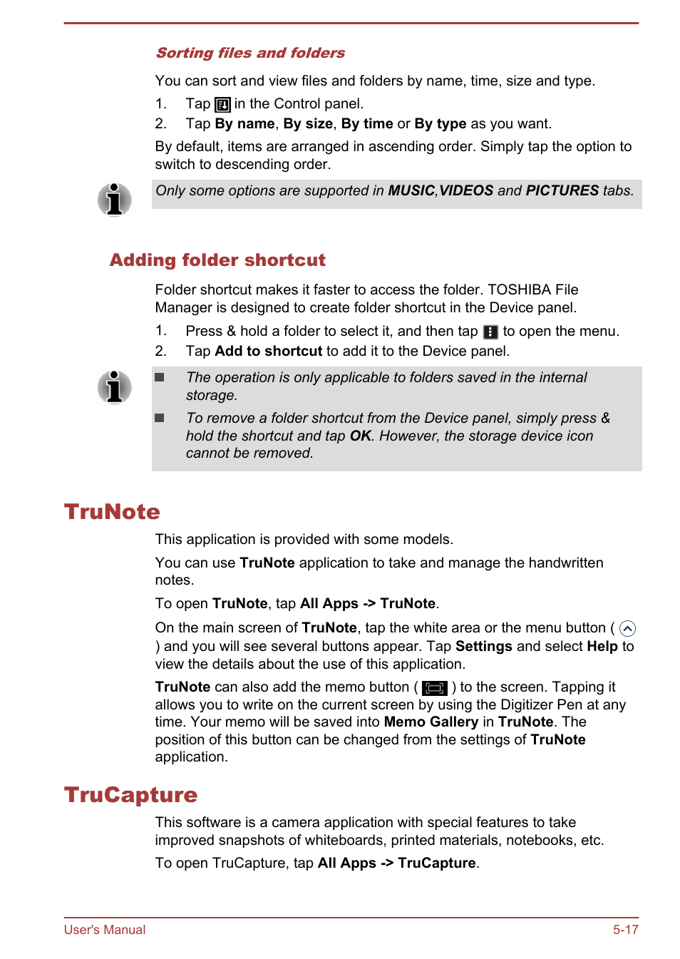 Adding folder shortcut, Trunote, Trucapture | Trunote -17 trucapture -17 | Toshiba AT10LE-A User Manual | Page 54 / 102