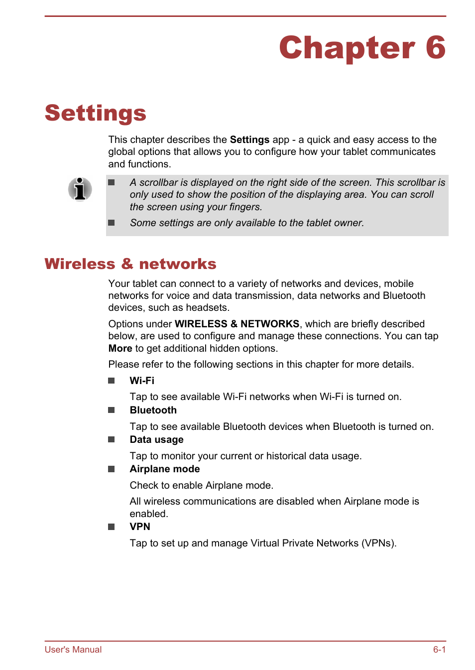 Chapter 6 settings, Wireless & networks, Chapter 6 | Settings, Wireless & networks -1 | Toshiba AT10LE-A User Manual | Page 56 / 102