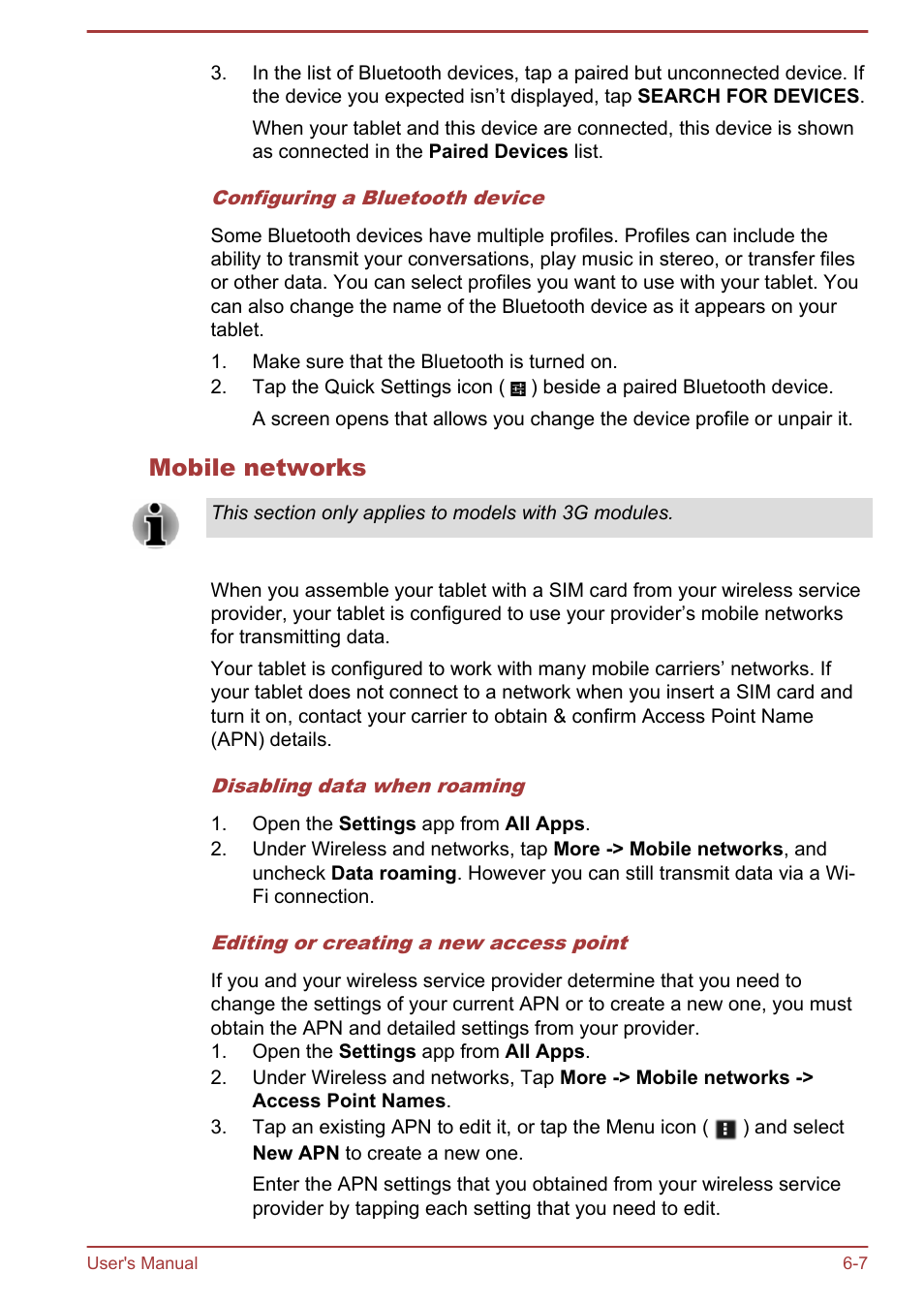 Mobile networks | Toshiba AT10LE-A User Manual | Page 62 / 102