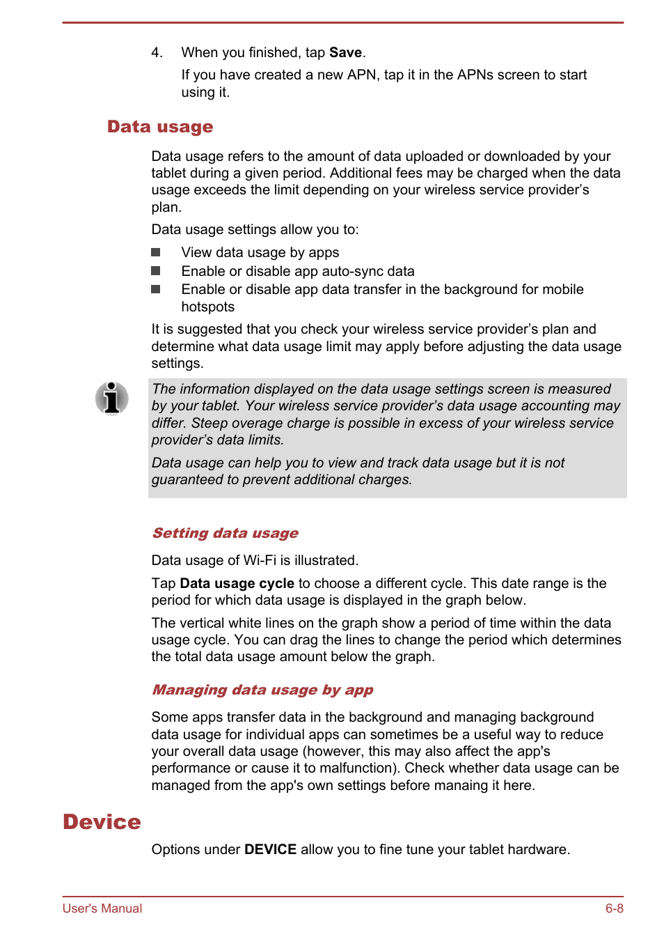 Data usage, Device, Device -8 | Toshiba AT10LE-A User Manual | Page 63 / 102