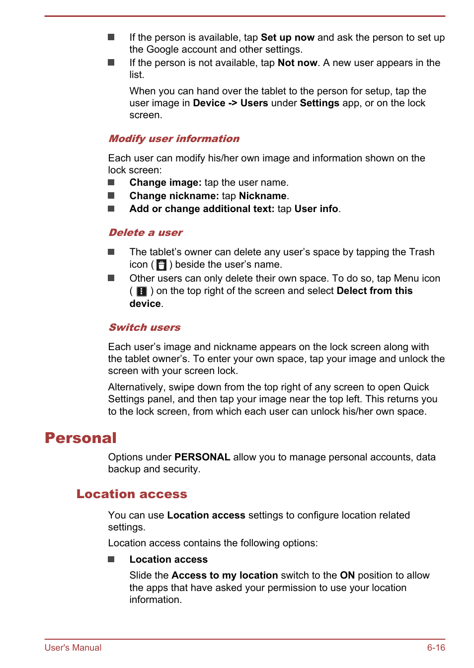 Personal, Location access, Personal -16 | Toshiba AT10LE-A User Manual | Page 71 / 102