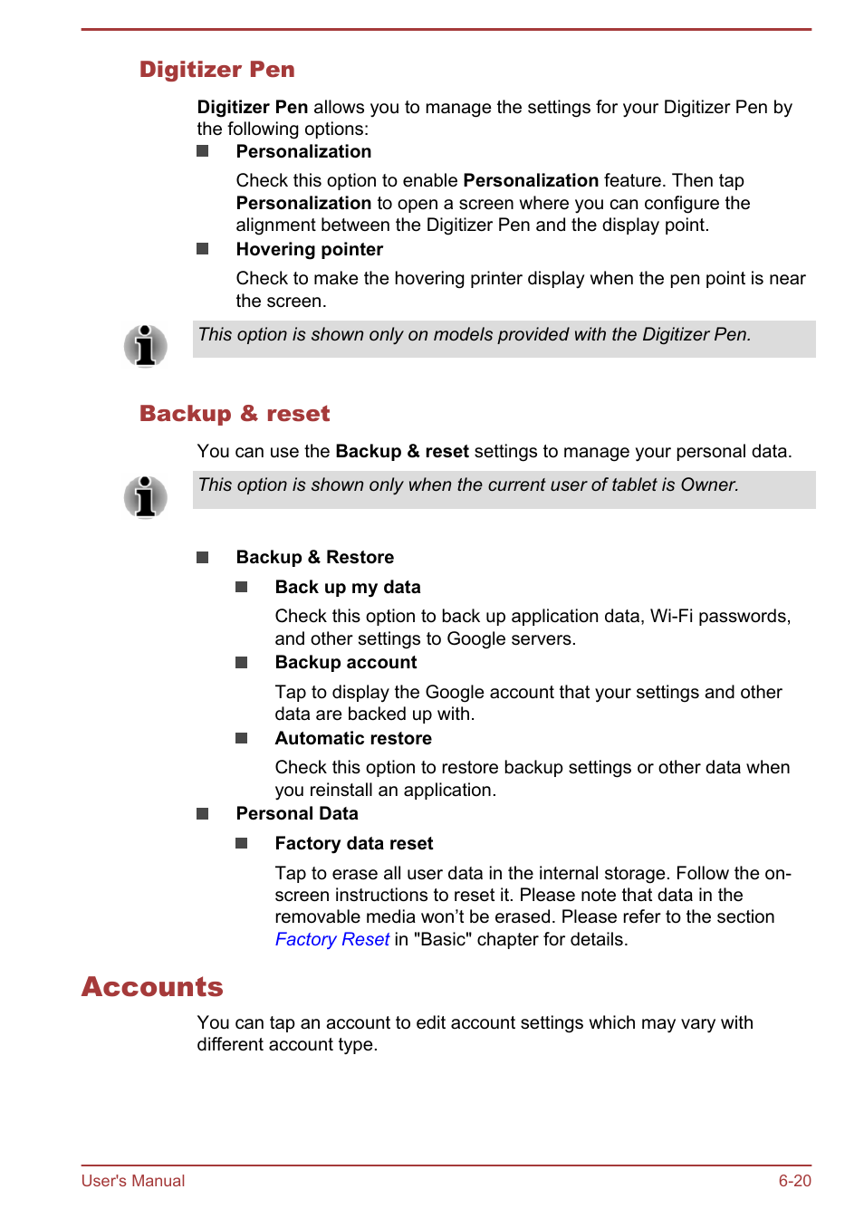 Digitizer pen, Backup & reset, Accounts | Accounts -20 | Toshiba AT10LE-A User Manual | Page 75 / 102