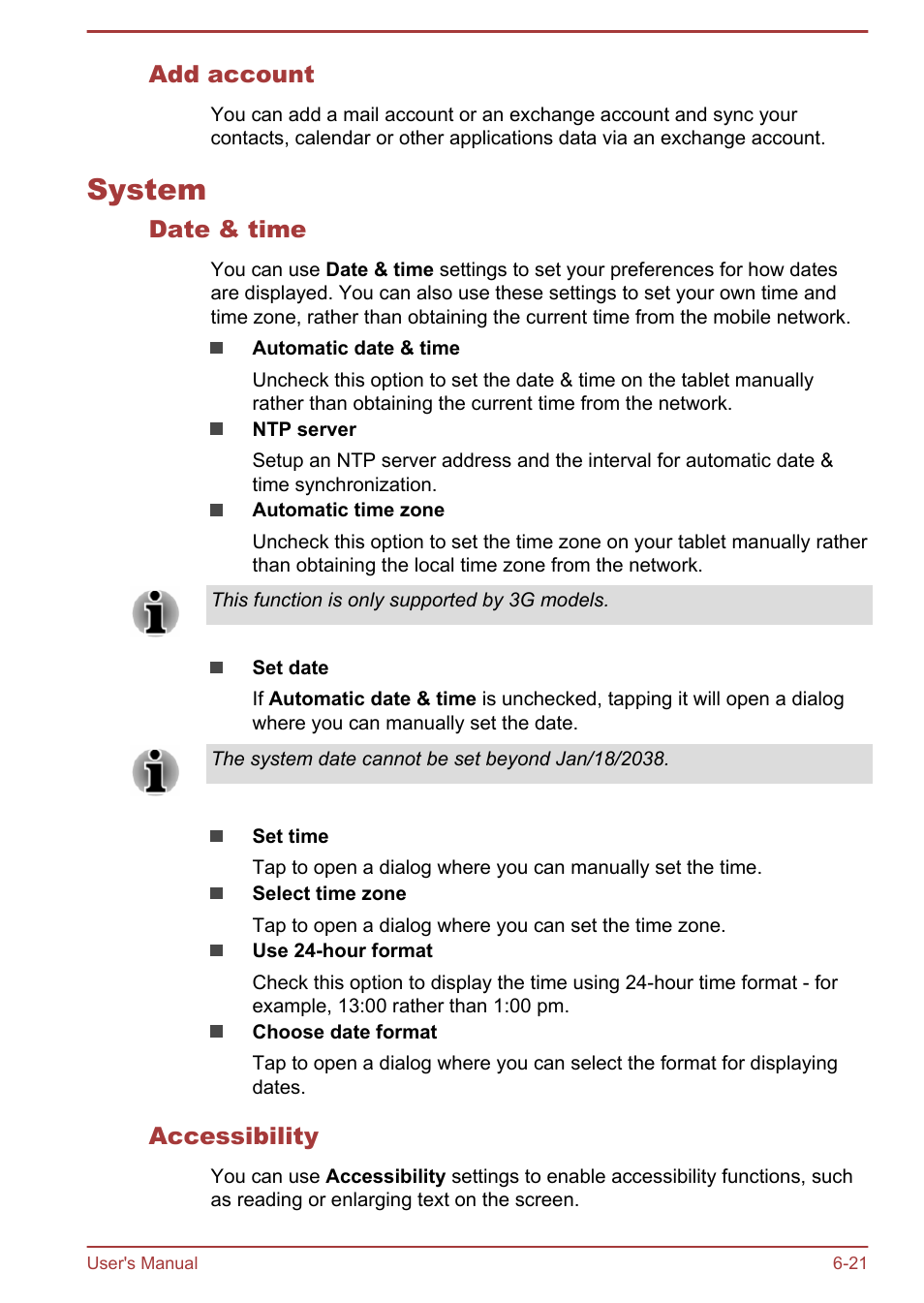 Add account, System, Date & time | Accessibility, System -21 | Toshiba AT10LE-A User Manual | Page 76 / 102