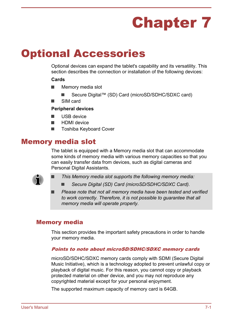 Chapter 7 optional accessories, Memory media slot, Memory media | Chapter 7, Optional accessories, Memory media slot -1 | Toshiba AT10LE-A User Manual | Page 79 / 102