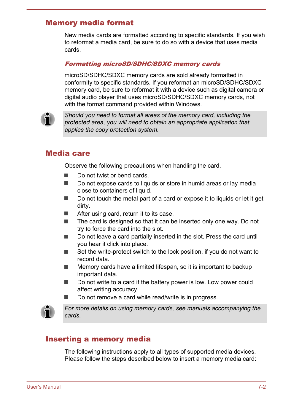 Memory media format, Media care, Inserting a memory media | Toshiba AT10LE-A User Manual | Page 80 / 102