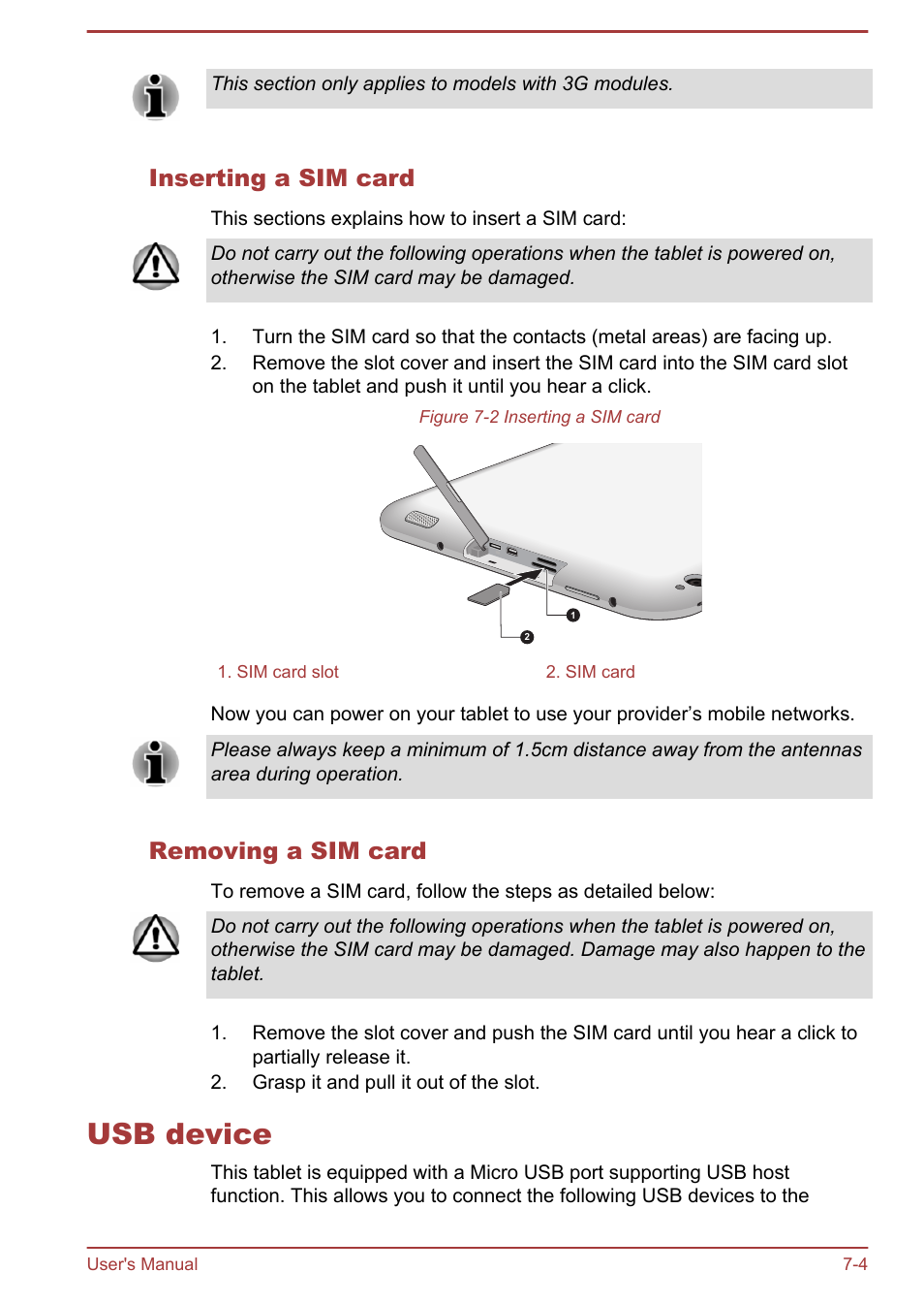 Inserting a sim card, Removing a sim card, Usb device | Usb device -4 | Toshiba AT10LE-A User Manual | Page 82 / 102