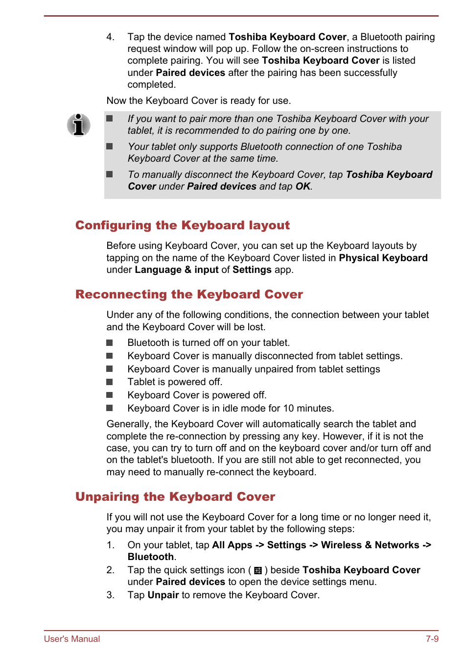 Configuring the keyboard layout, Reconnecting the keyboard cover, Unpairing the keyboard cover | Toshiba AT10LE-A User Manual | Page 87 / 102