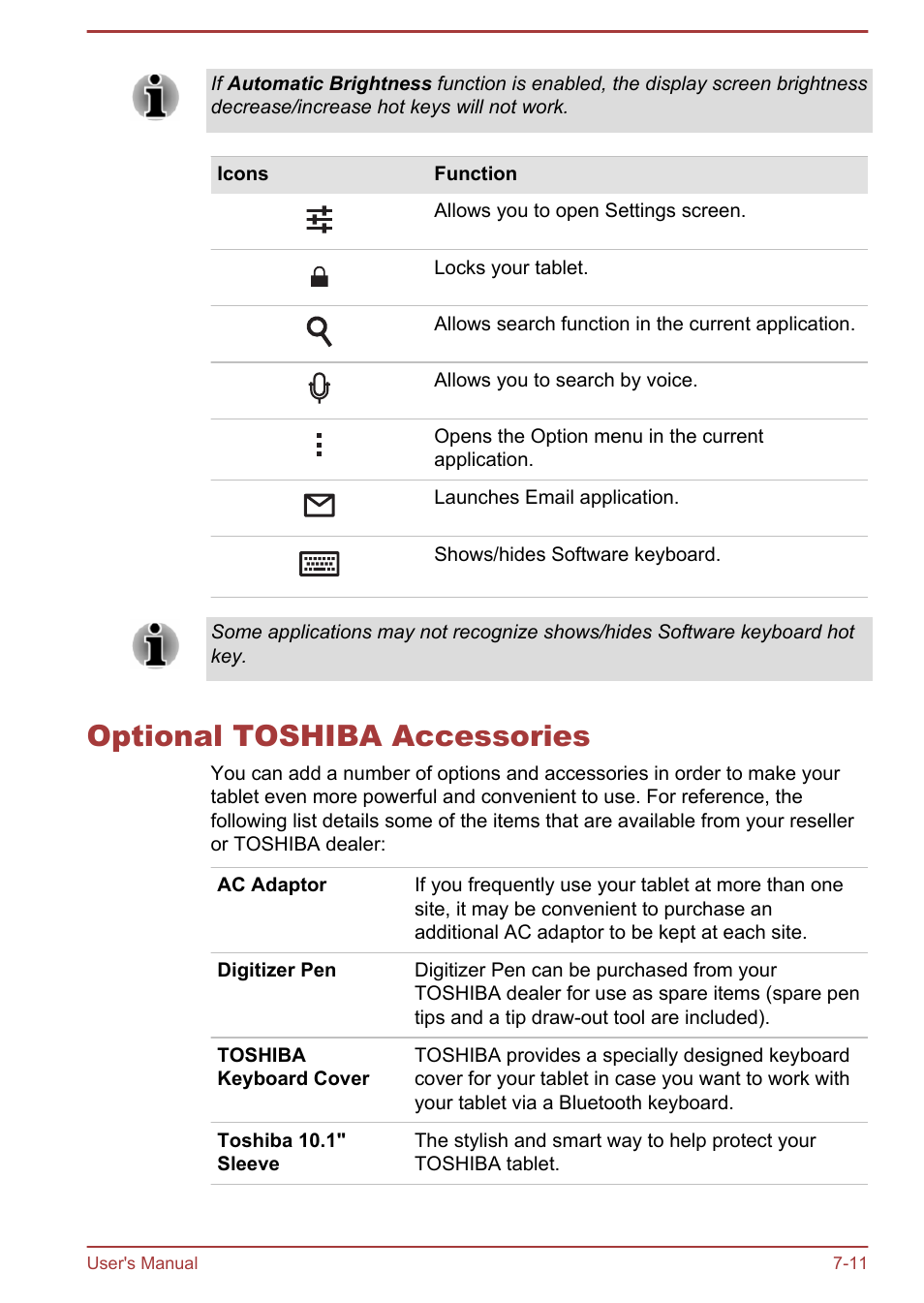 Optional toshiba accessories, Optional toshiba accessories -11 | Toshiba AT10LE-A User Manual | Page 89 / 102