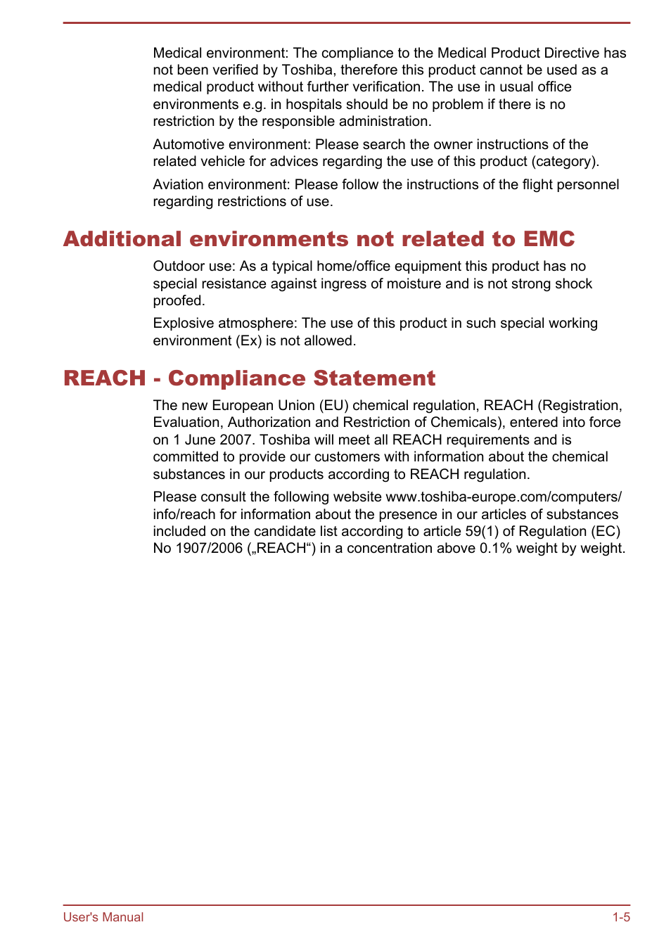 Additional environments not related to emc, Reach - compliance statement | Toshiba AT10LE-A User Manual | Page 9 / 102