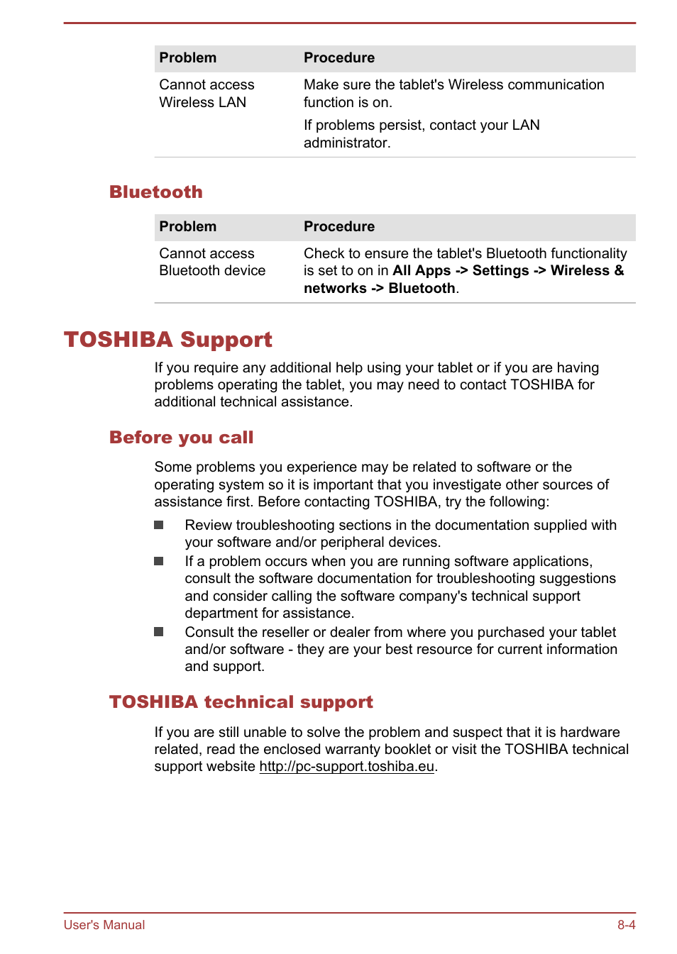 Bluetooth, Toshiba support, Before you call | Toshiba technical support, Toshiba support -4 | Toshiba AT10LE-A User Manual | Page 94 / 102