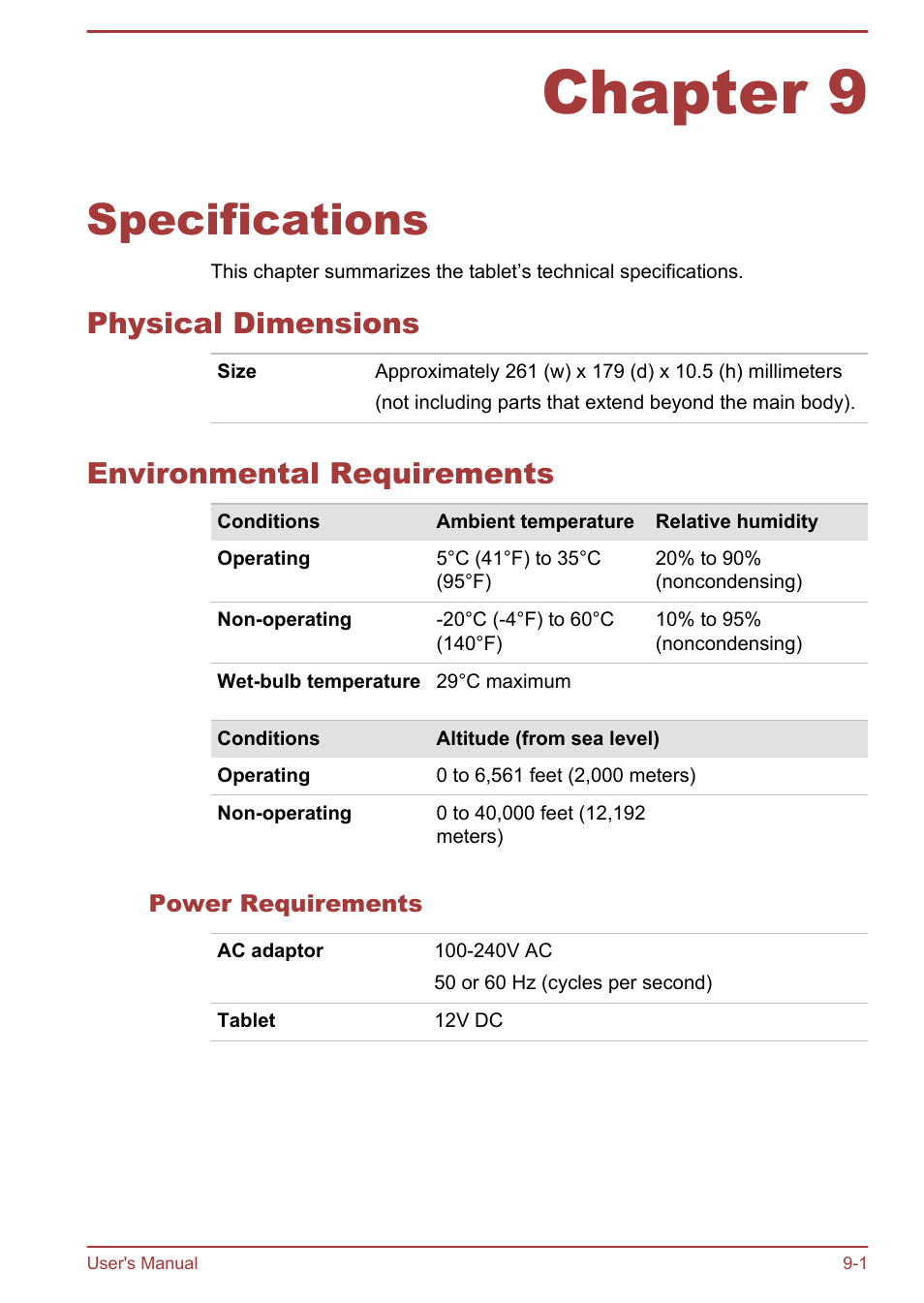 Chapter 9 specifications, Physical dimensions, Environmental requirements | Power requirements, Chapter 9, Specifications | Toshiba AT10LE-A User Manual | Page 95 / 102