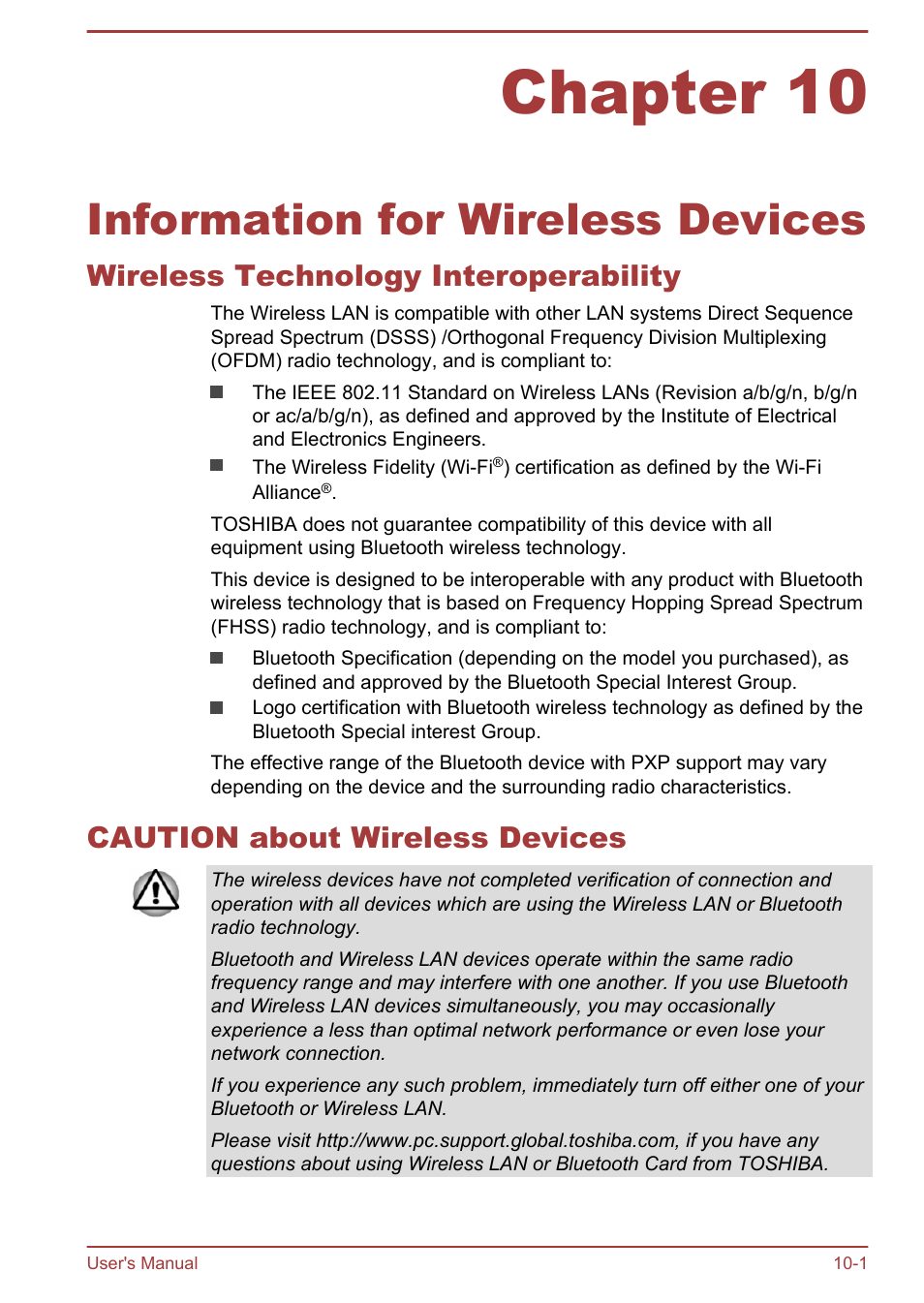 Chapter 10 information for wireless devices, Wireless technology interoperability, Caution about wireless devices | Chapter 10, Information for wireless devices | Toshiba AT10LE-A User Manual | Page 96 / 102