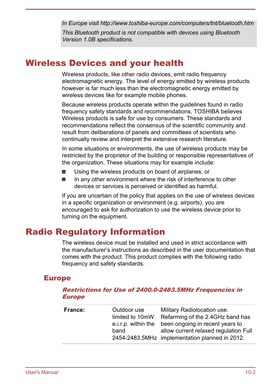 Wireless devices and your health, Radio regulatory information, Europe | Toshiba AT10LE-A User Manual | Page 97 / 102