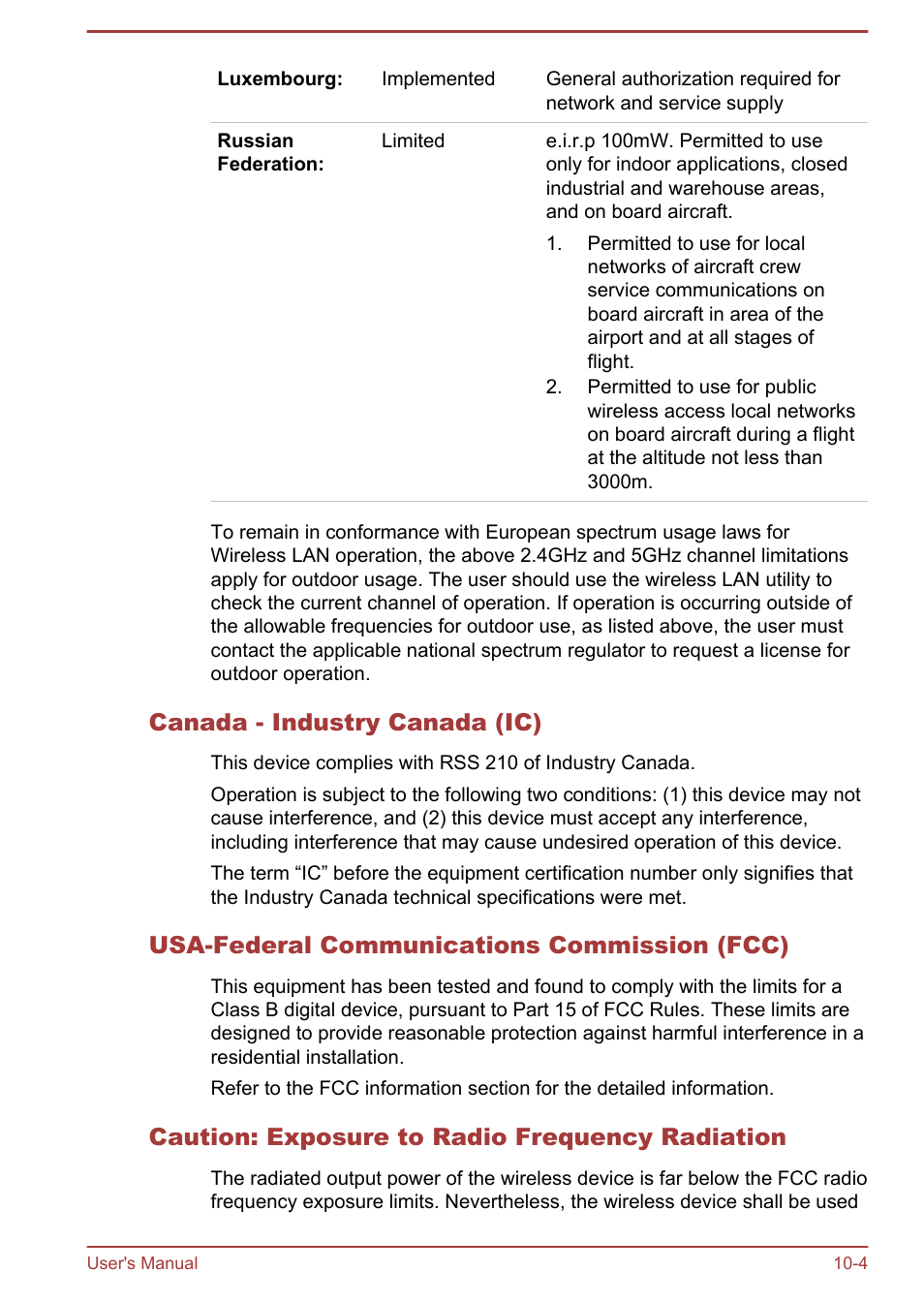 Canada - industry canada (ic), Usa-federal communications commission (fcc), Caution: exposure to radio frequency radiation | Toshiba AT10LE-A User Manual | Page 99 / 102