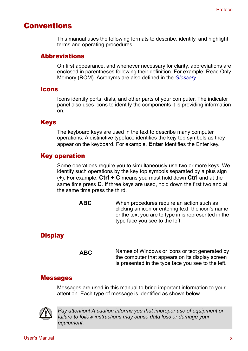 Conventions | Toshiba Satellite M40 (PSM42) User Manual | Page 10 / 191