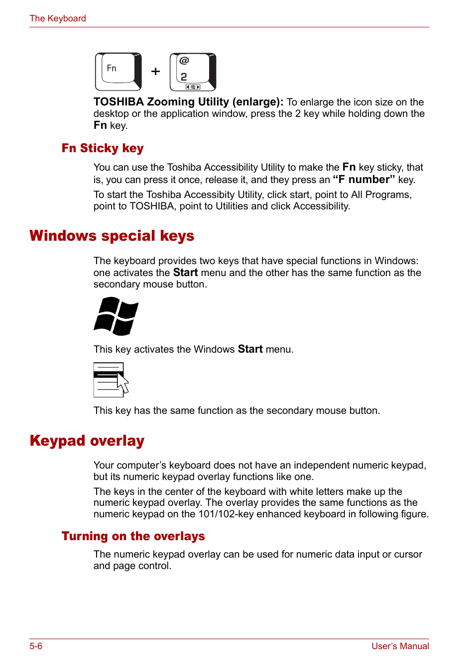 Windows special keys, Keypad overlay, Windows special keys -6 keypad overlay -6 | Keypad, Overlay | Toshiba Satellite M40 (PSM42) User Manual | Page 102 / 191