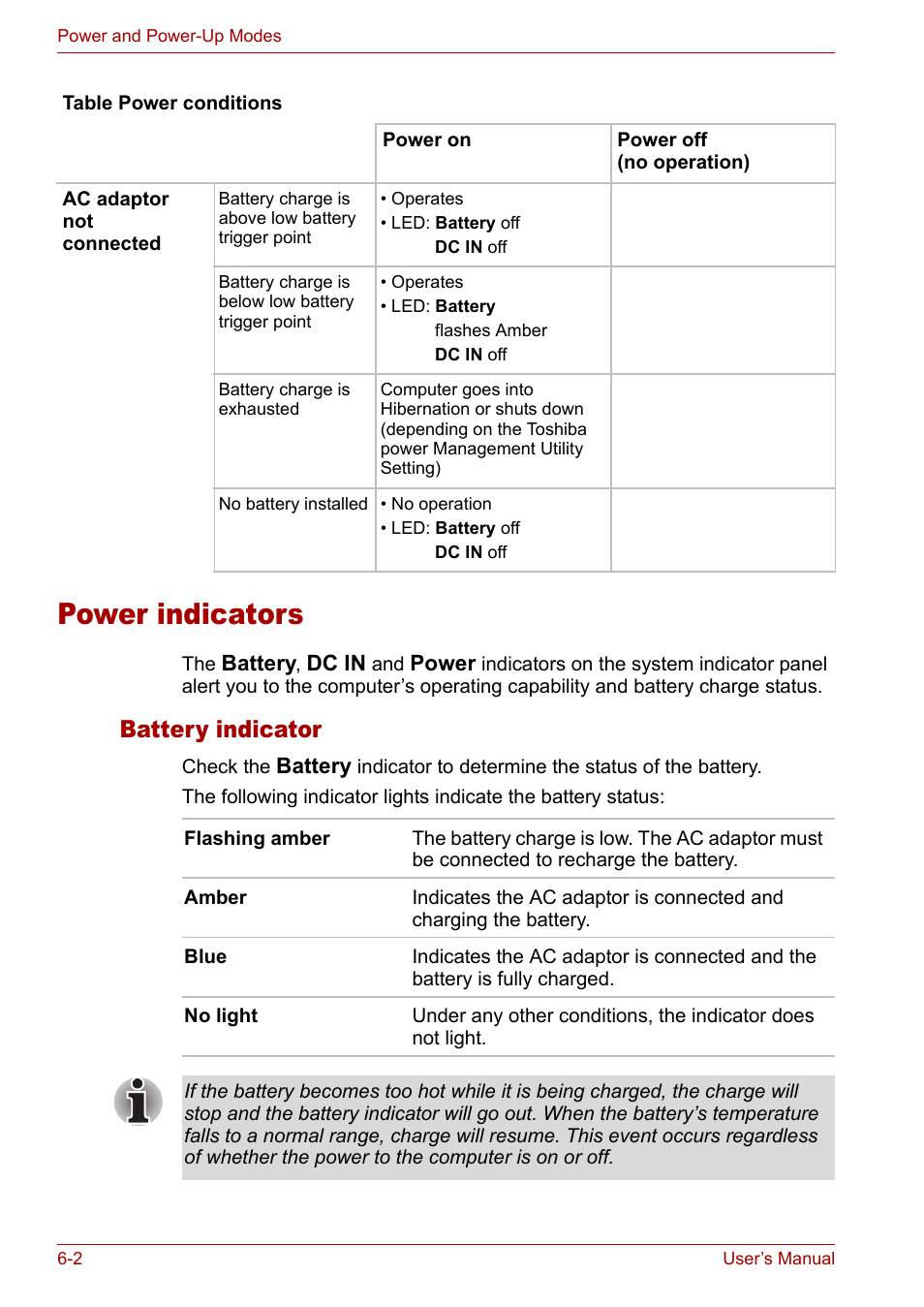 Power indicators, Power indicators -2, Battery indicator | Toshiba Satellite M40 (PSM42) User Manual | Page 106 / 191