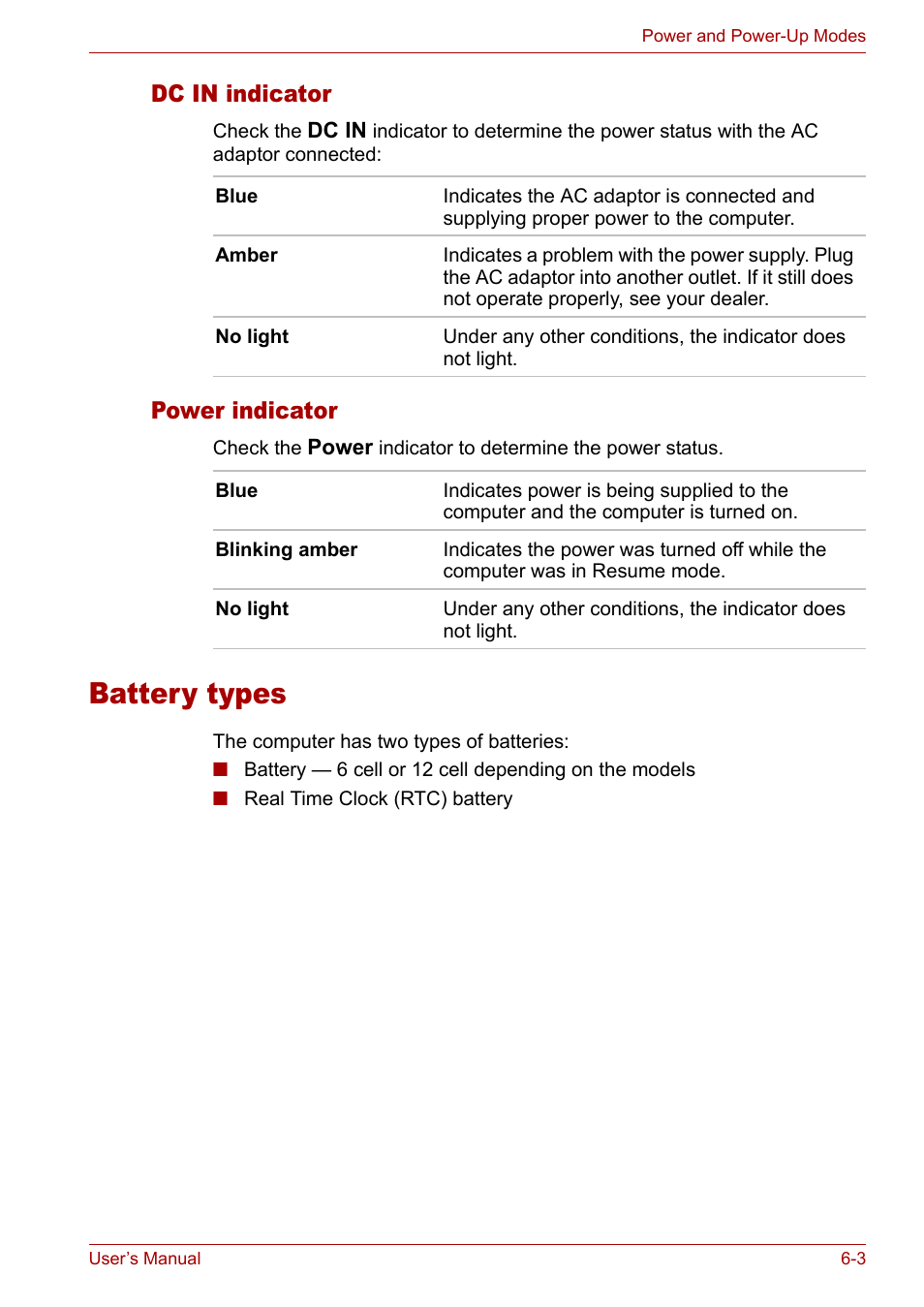 Battery types, Battery types -3, Dc in indicator | Power indicator | Toshiba Satellite M40 (PSM42) User Manual | Page 107 / 191