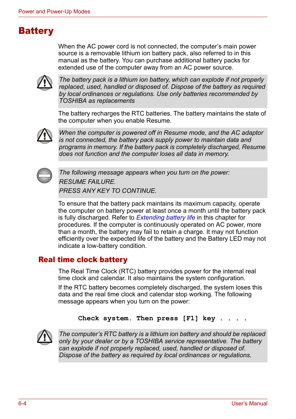 Battery, Battery -4, Real time clock battery | Toshiba Satellite M40 (PSM42) User Manual | Page 108 / 191
