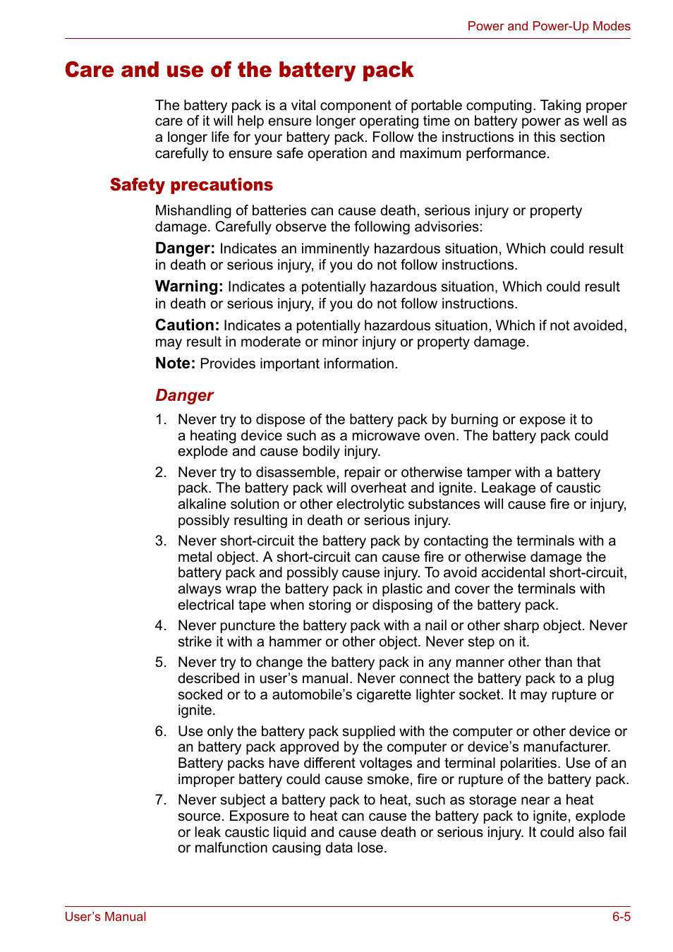 Care and use of the battery pack, Care and use of the battery pack -5, Safety precautions | Toshiba Satellite M40 (PSM42) User Manual | Page 109 / 191