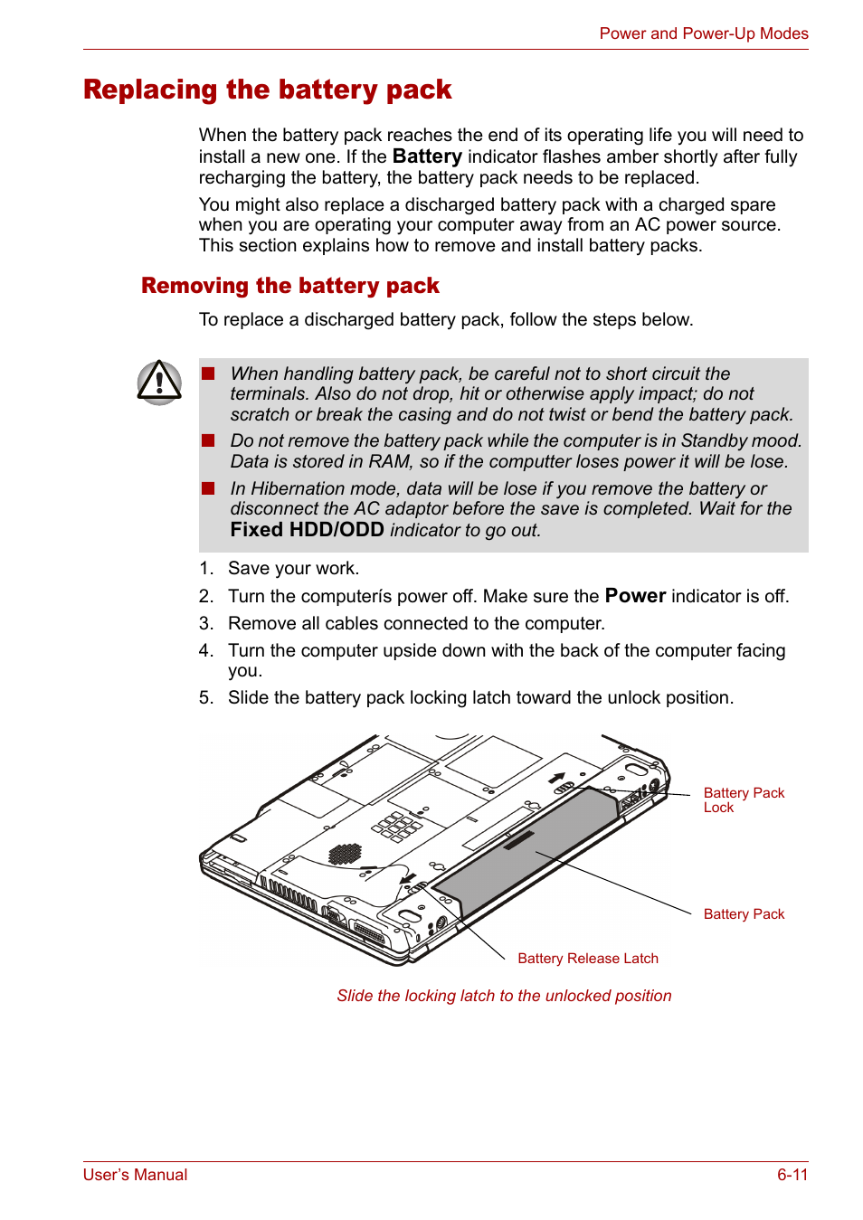Replacing the battery pack, Replacing the battery pack -11, Removing the battery pack | Toshiba Satellite M40 (PSM42) User Manual | Page 115 / 191