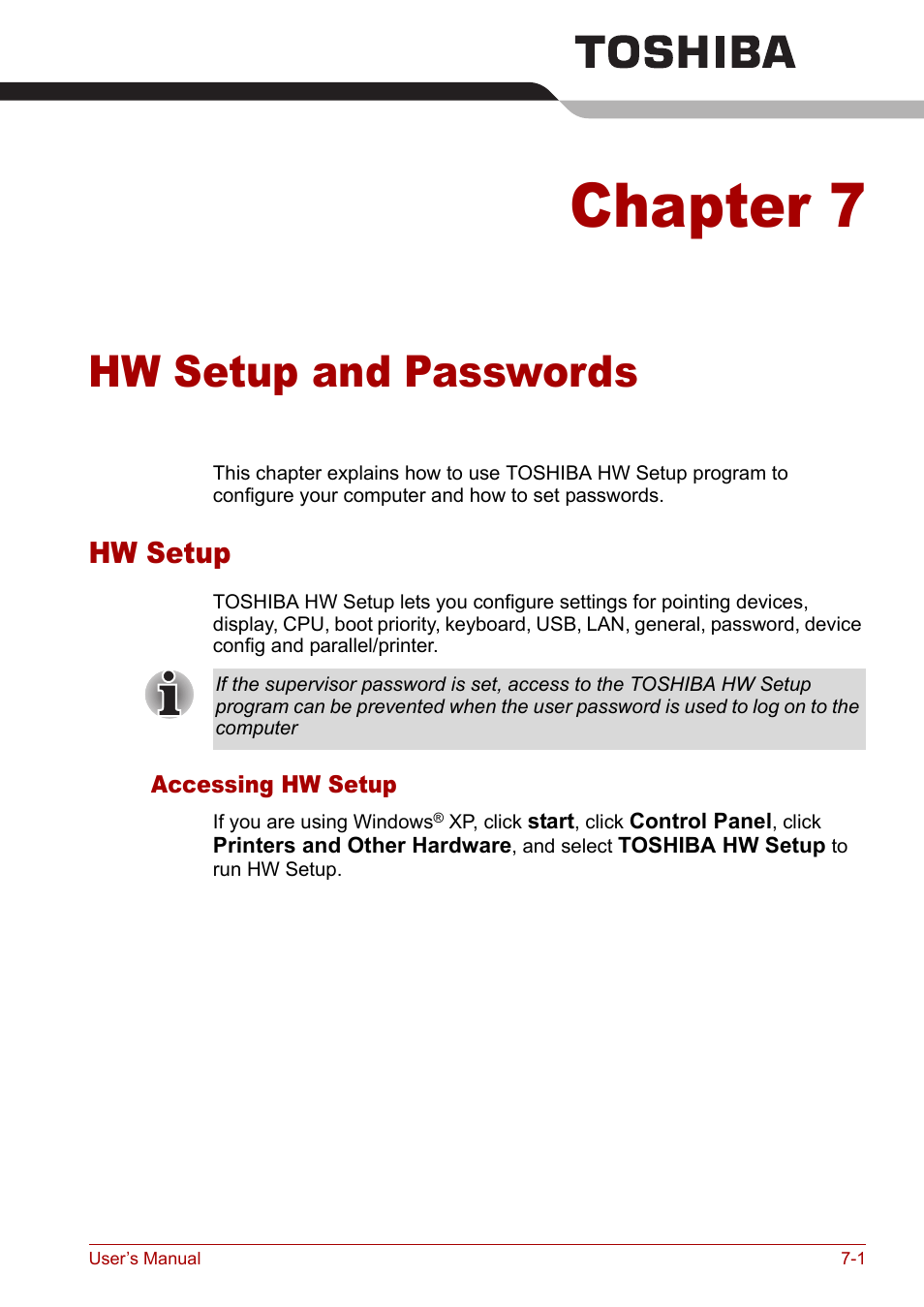 Chapter 7: hw setup and passwords, Hw setup, Hw setup and | Passwords, Hw setup and passwords, Chapter 7, Hw setup -1 | Toshiba Satellite M40 (PSM42) User Manual | Page 118 / 191