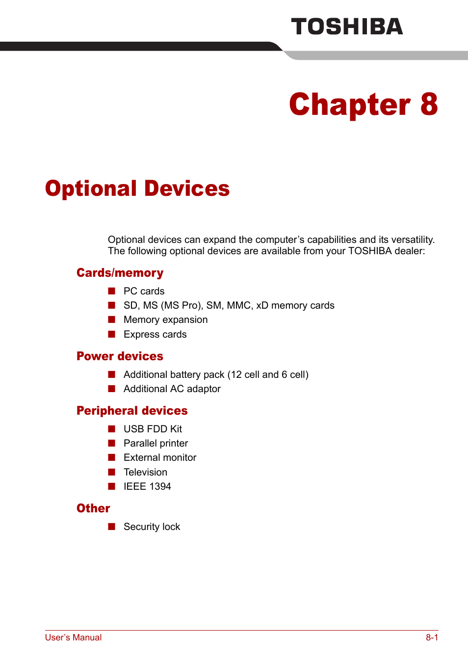 Chapter 8: optional devices, Hapter 8, Optional devices | Chapter 8 | Toshiba Satellite M40 (PSM42) User Manual | Page 125 / 191