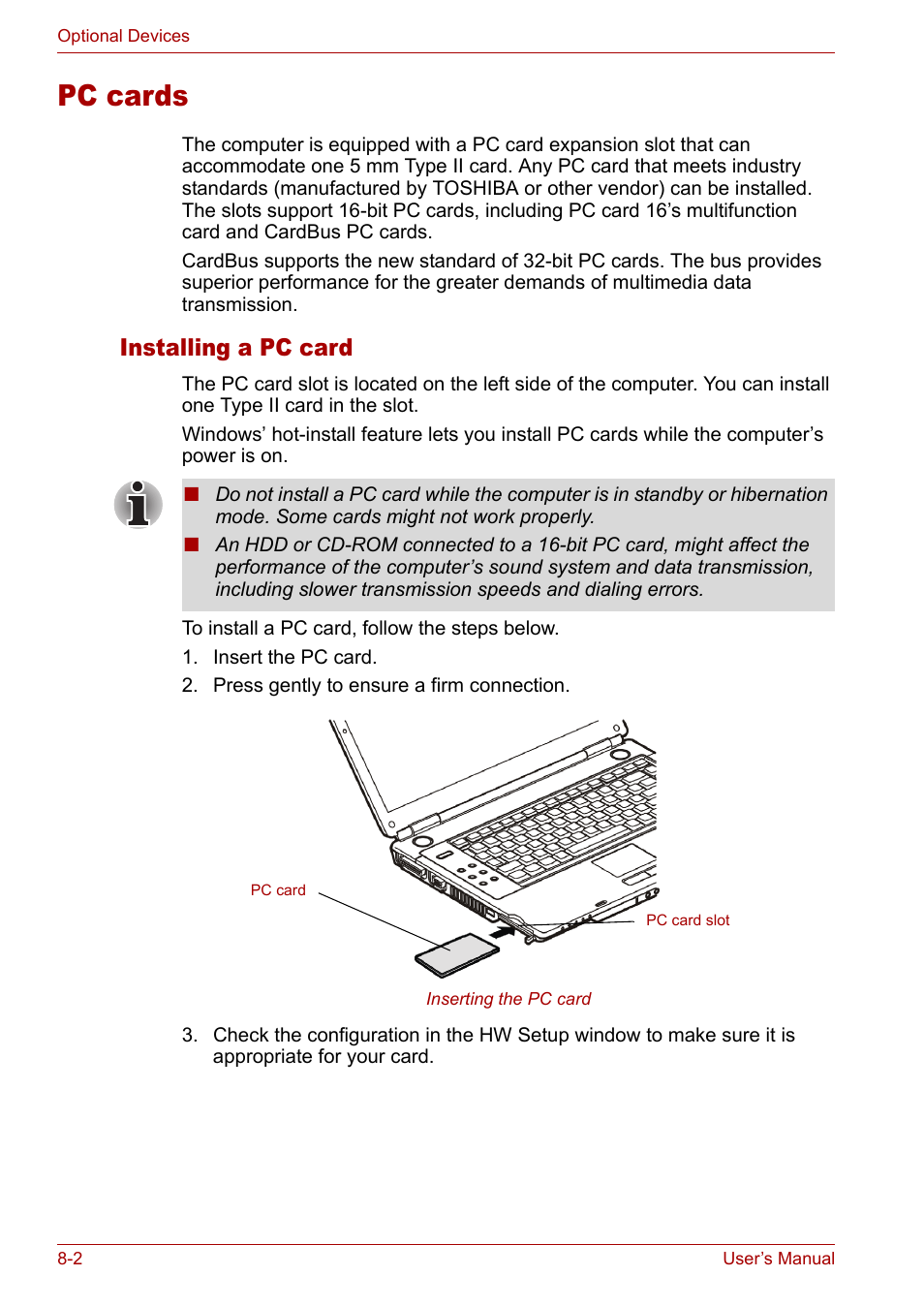 Pc cards, Pc cards -2, Installing a pc card | Toshiba Satellite M40 (PSM42) User Manual | Page 126 / 191