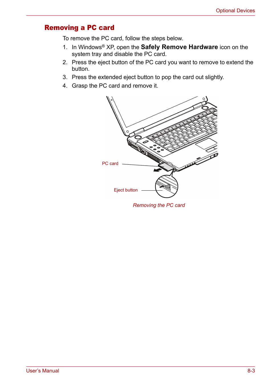 Removing a pc card | Toshiba Satellite M40 (PSM42) User Manual | Page 127 / 191