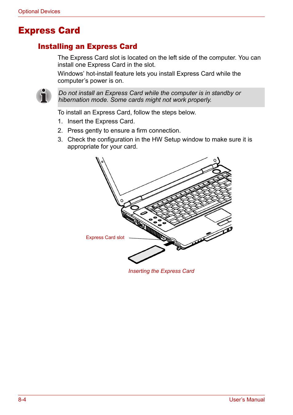 Express card, Express card -4, Installing an express card | Toshiba Satellite M40 (PSM42) User Manual | Page 128 / 191