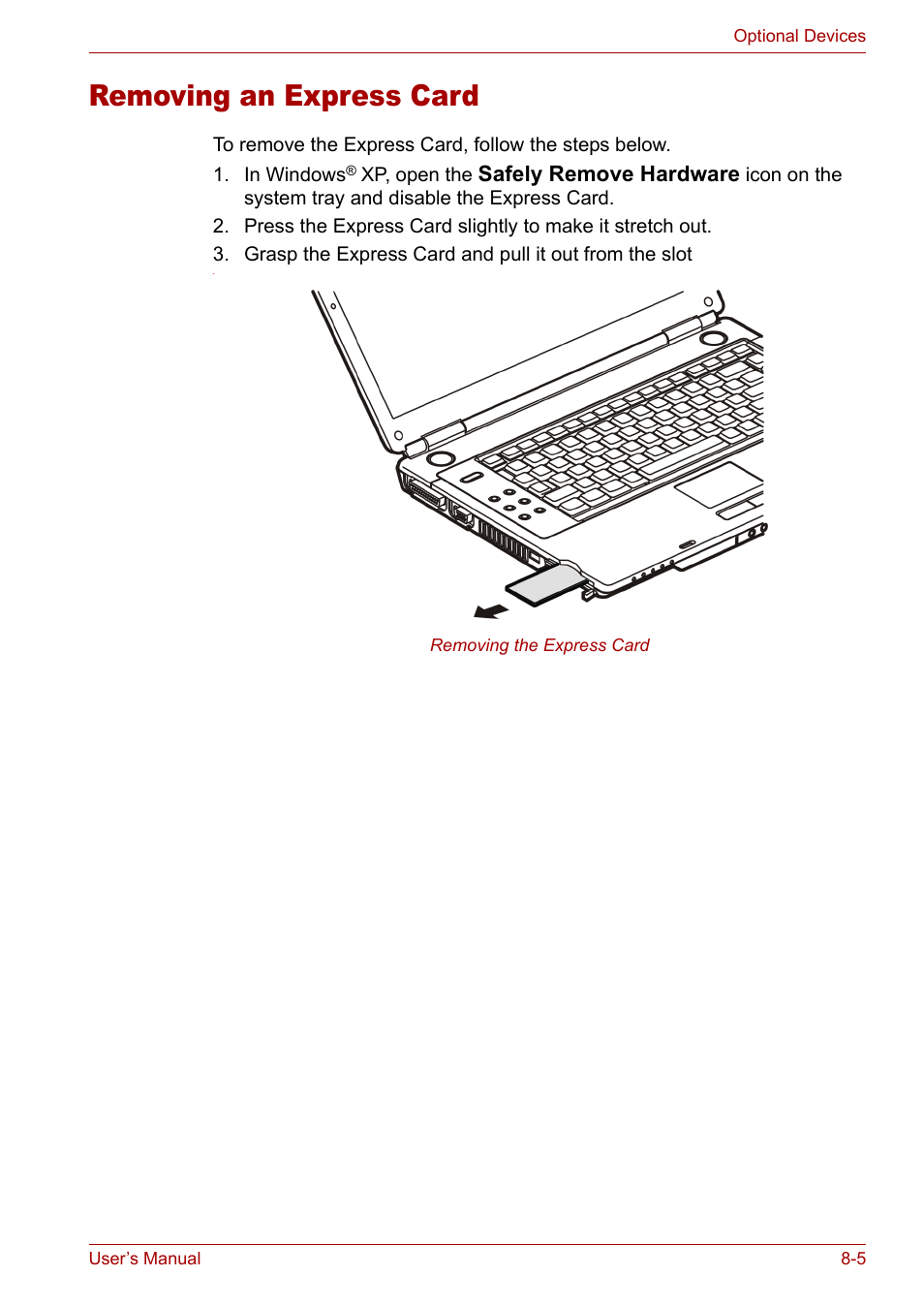 Removing an express card, Removing an express card -5 | Toshiba Satellite M40 (PSM42) User Manual | Page 129 / 191