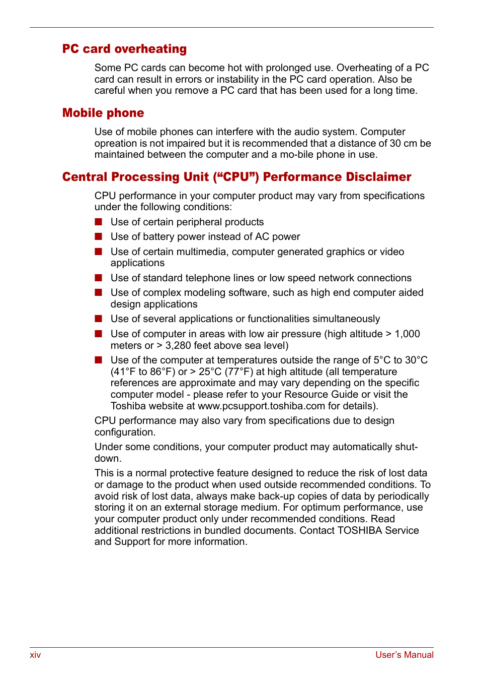 Pc card overheating, Mobile phone | Toshiba Satellite M40 (PSM42) User Manual | Page 13 / 191