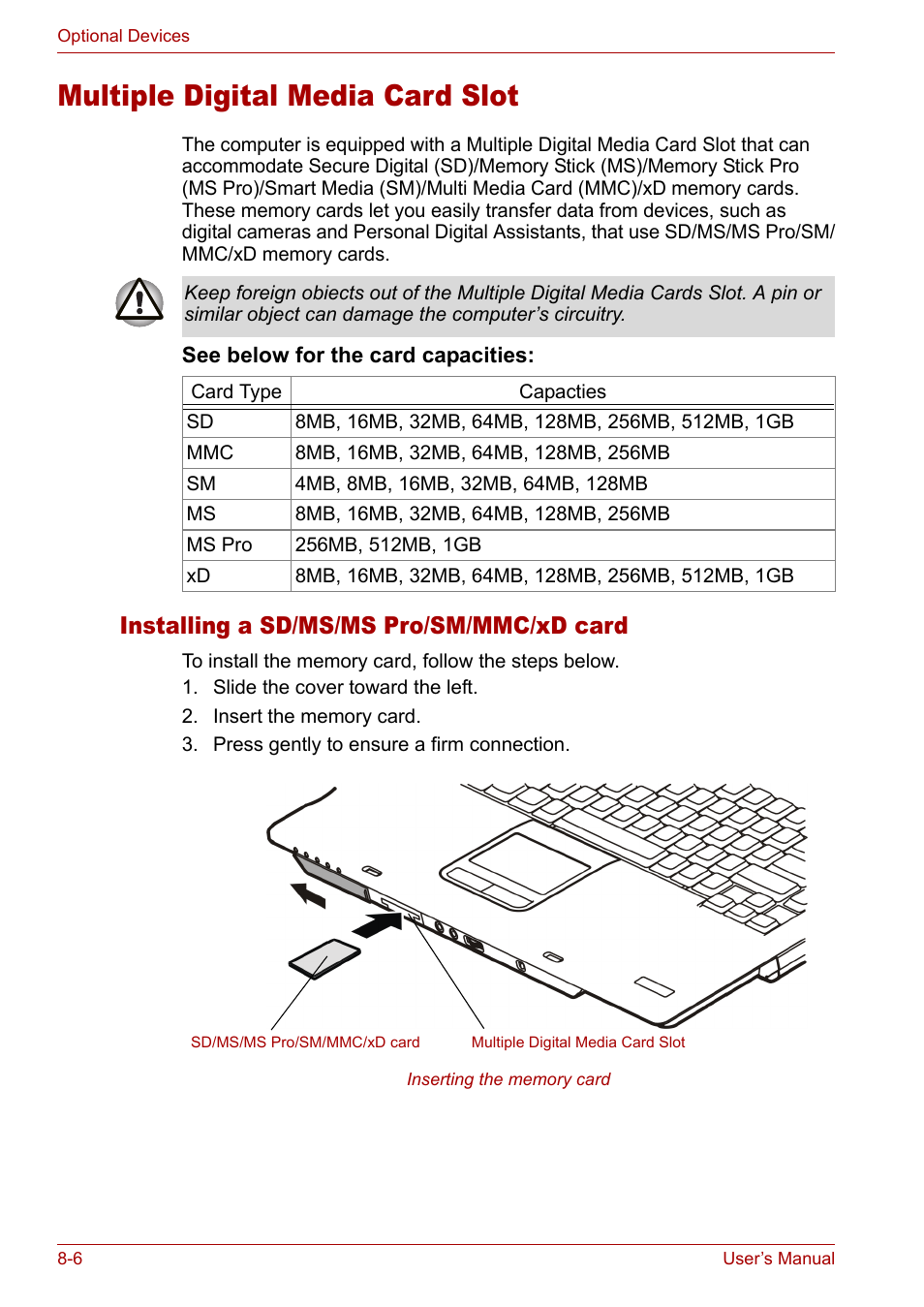 Multiple digital media card slot, Multiple digital media card slot -6, Installing a sd/ms/ms pro/sm/mmc/xd card | Toshiba Satellite M40 (PSM42) User Manual | Page 130 / 191