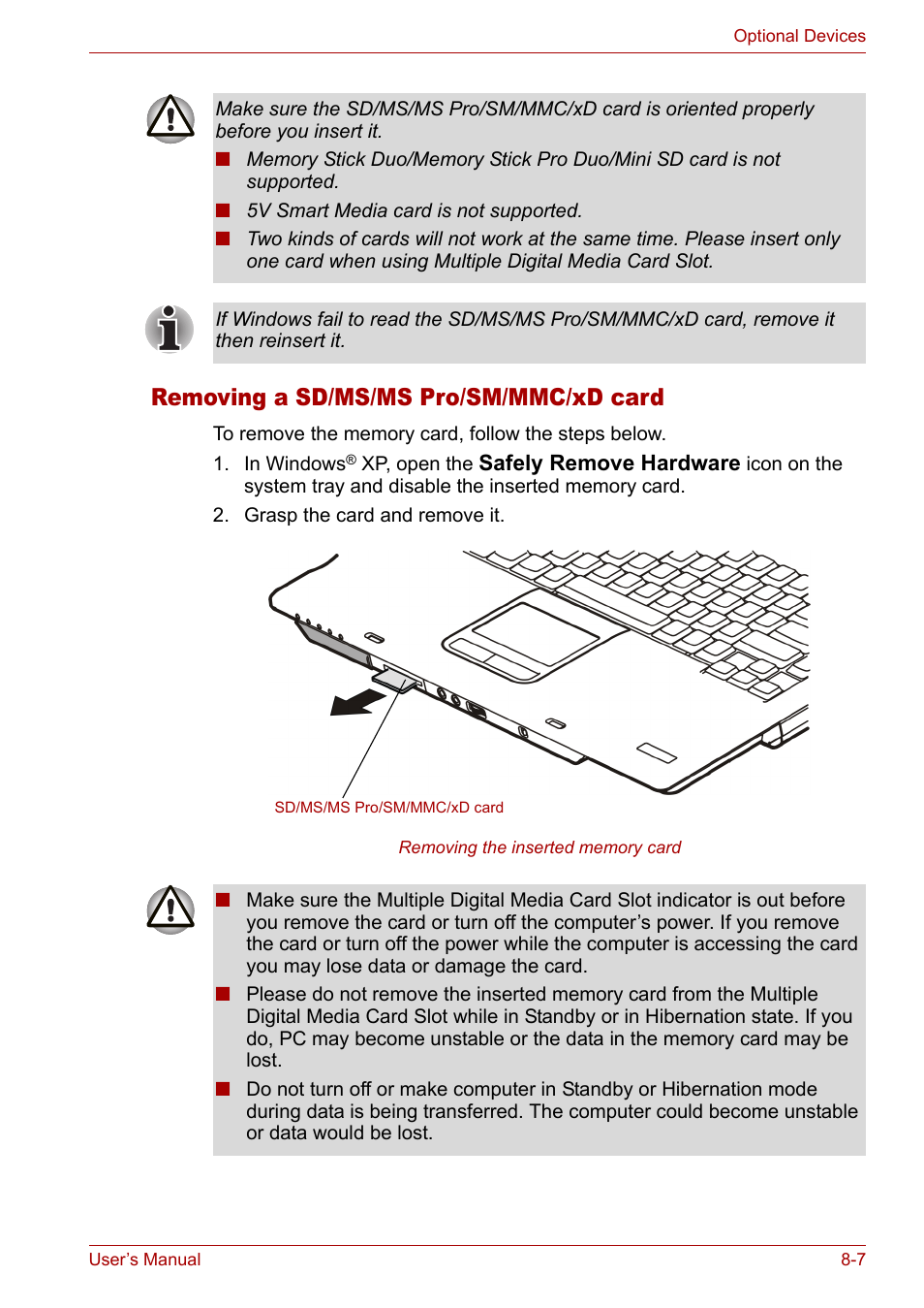 Removing a sd/ms/ms pro/sm/mmc/xd card | Toshiba Satellite M40 (PSM42) User Manual | Page 131 / 191
