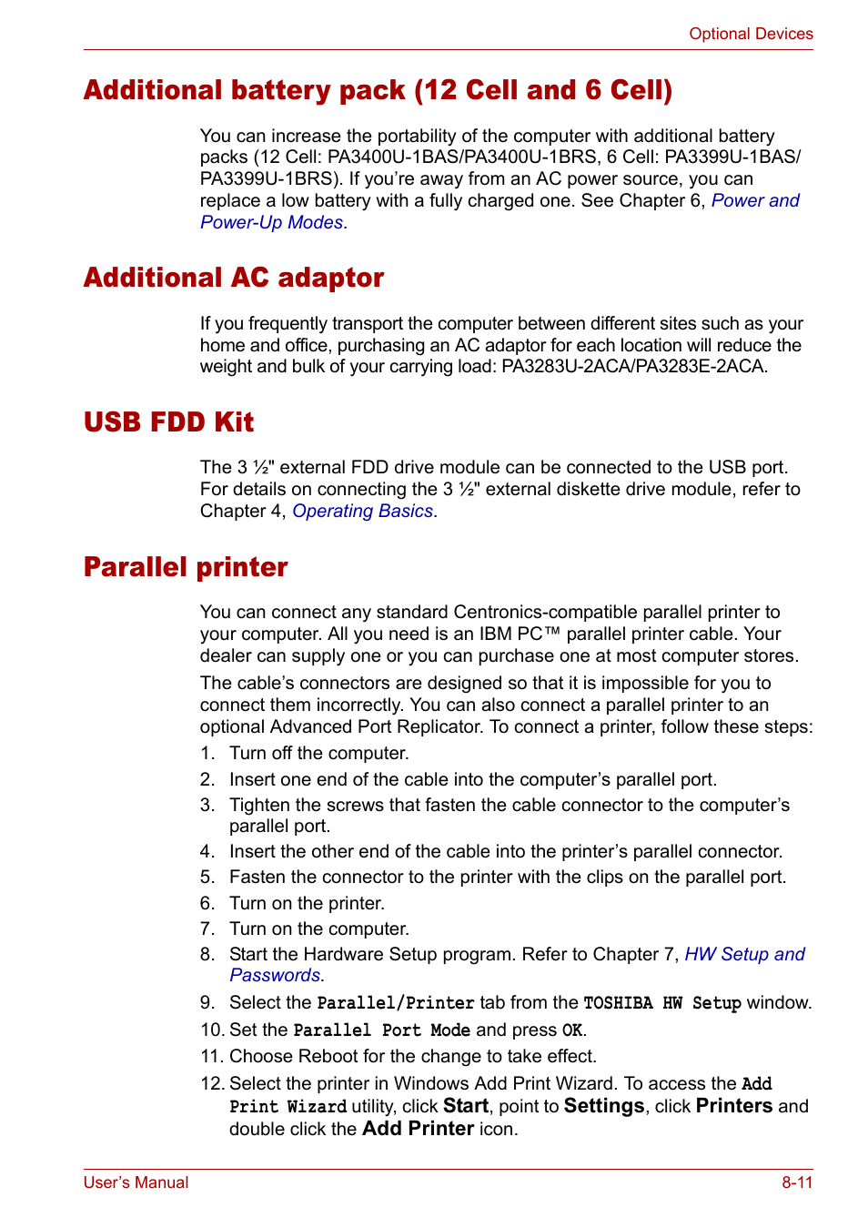 Additional battery pack (12 cell and 6 cell), Additional ac adaptor, Usb fdd kit | Parallel printer | Toshiba Satellite M40 (PSM42) User Manual | Page 135 / 191