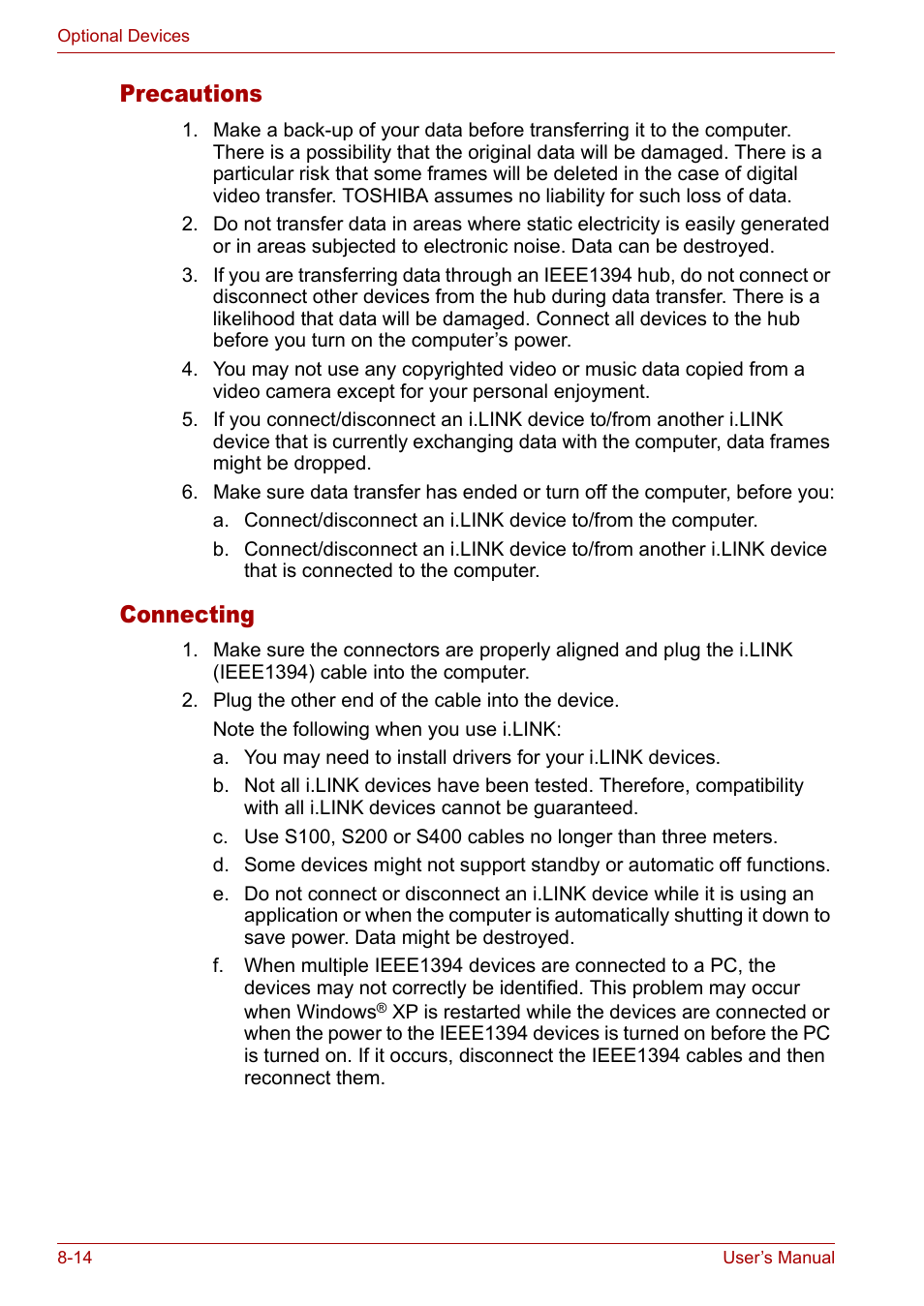 Precautions, Connecting | Toshiba Satellite M40 (PSM42) User Manual | Page 138 / 191
