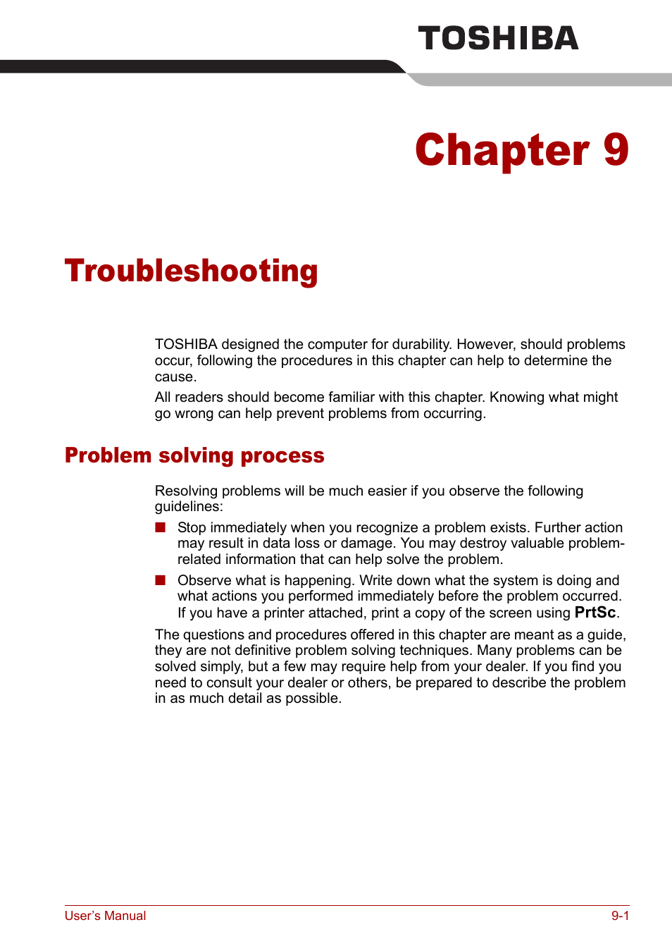 Chapter 9: troubleshooting, Problem solving process, Troubleshooting | Chapter 9, Problem solving process -1 | Toshiba Satellite M40 (PSM42) User Manual | Page 140 / 191