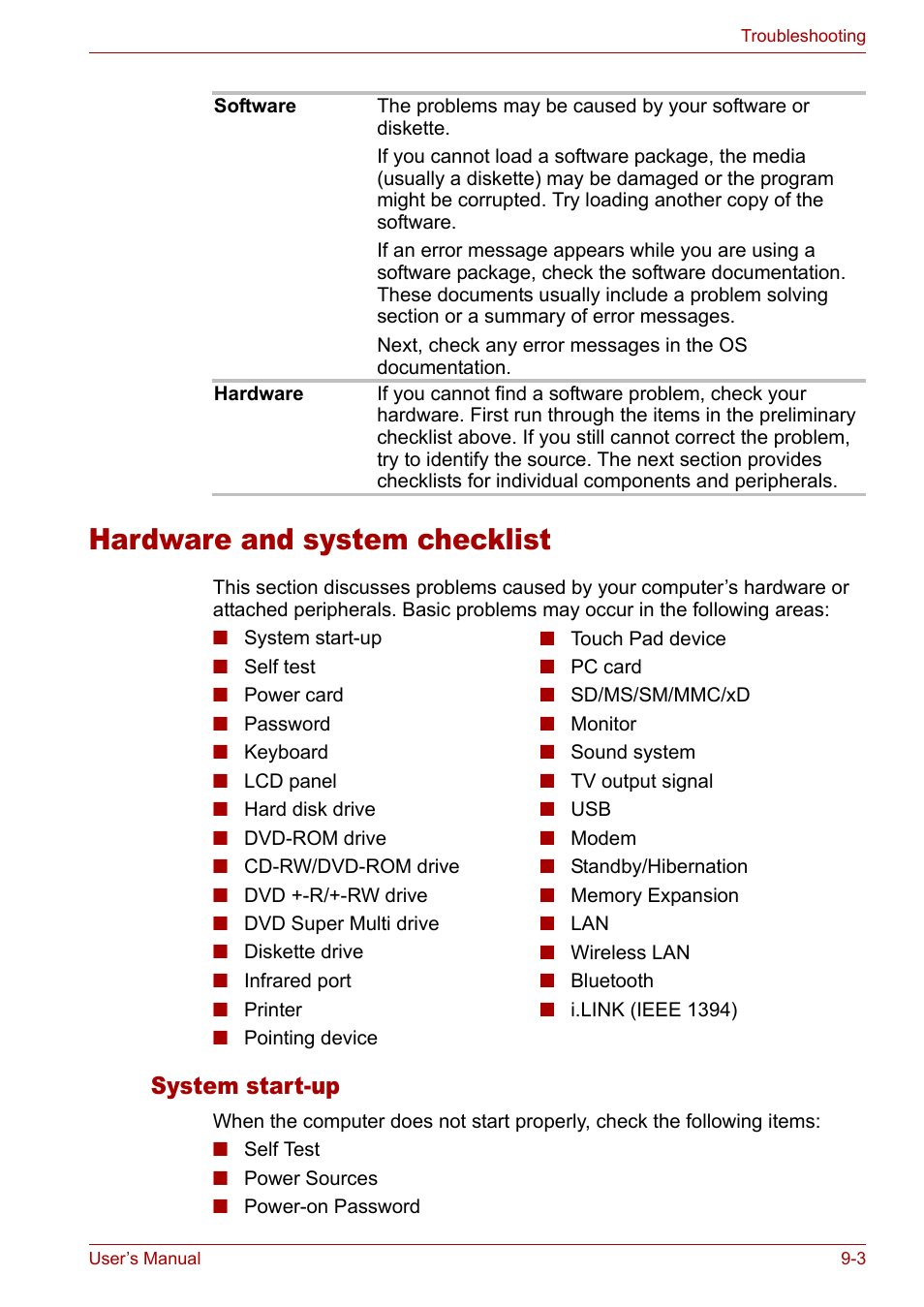 Hardware and system checklist, Hardware and system checklist -3, System start-up | Toshiba Satellite M40 (PSM42) User Manual | Page 142 / 191