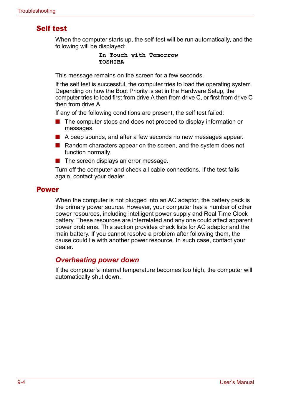 Self test, Power | Toshiba Satellite M40 (PSM42) User Manual | Page 143 / 191
