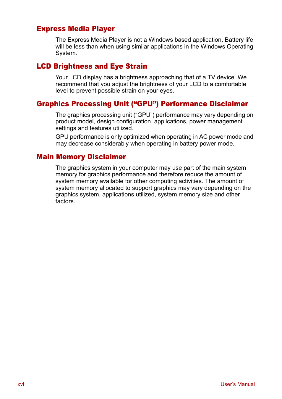 Express media player, Lcd brightness and eye strain | Toshiba Satellite M40 (PSM42) User Manual | Page 15 / 191