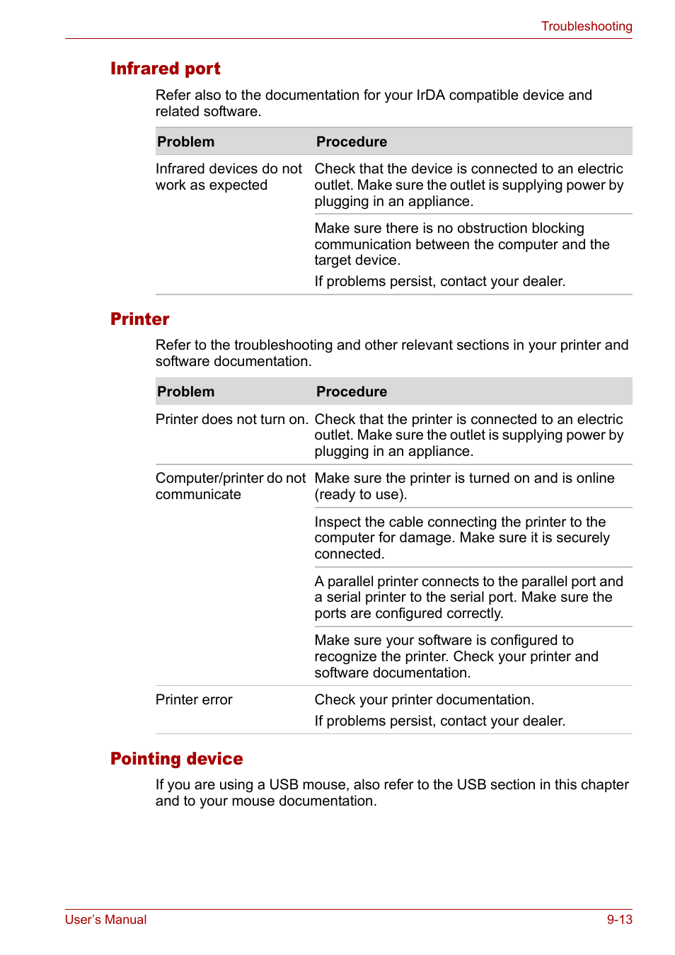 Infrared port, Printer, Pointing device | Toshiba Satellite M40 (PSM42) User Manual | Page 152 / 191