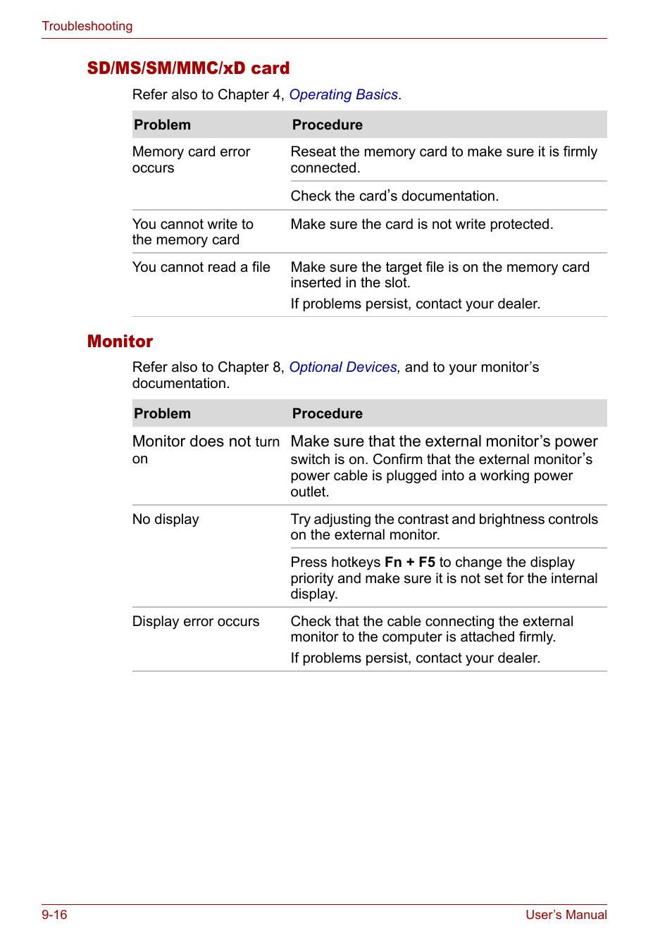 Sd/ms/sm/mmc/xd card, Monitor | Toshiba Satellite M40 (PSM42) User Manual | Page 155 / 191